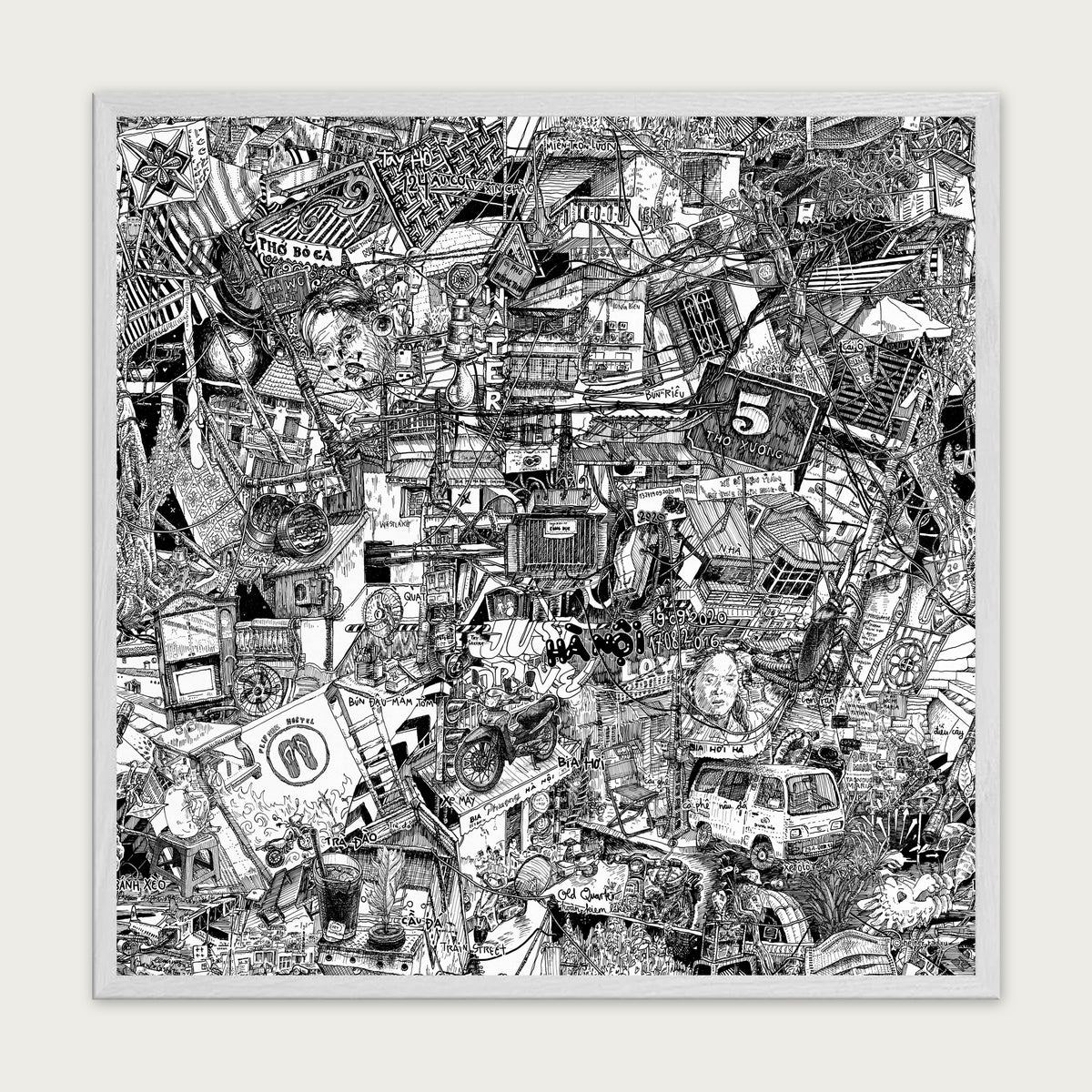 Hanoi fine art poster in a white wood frame with plexiglass
