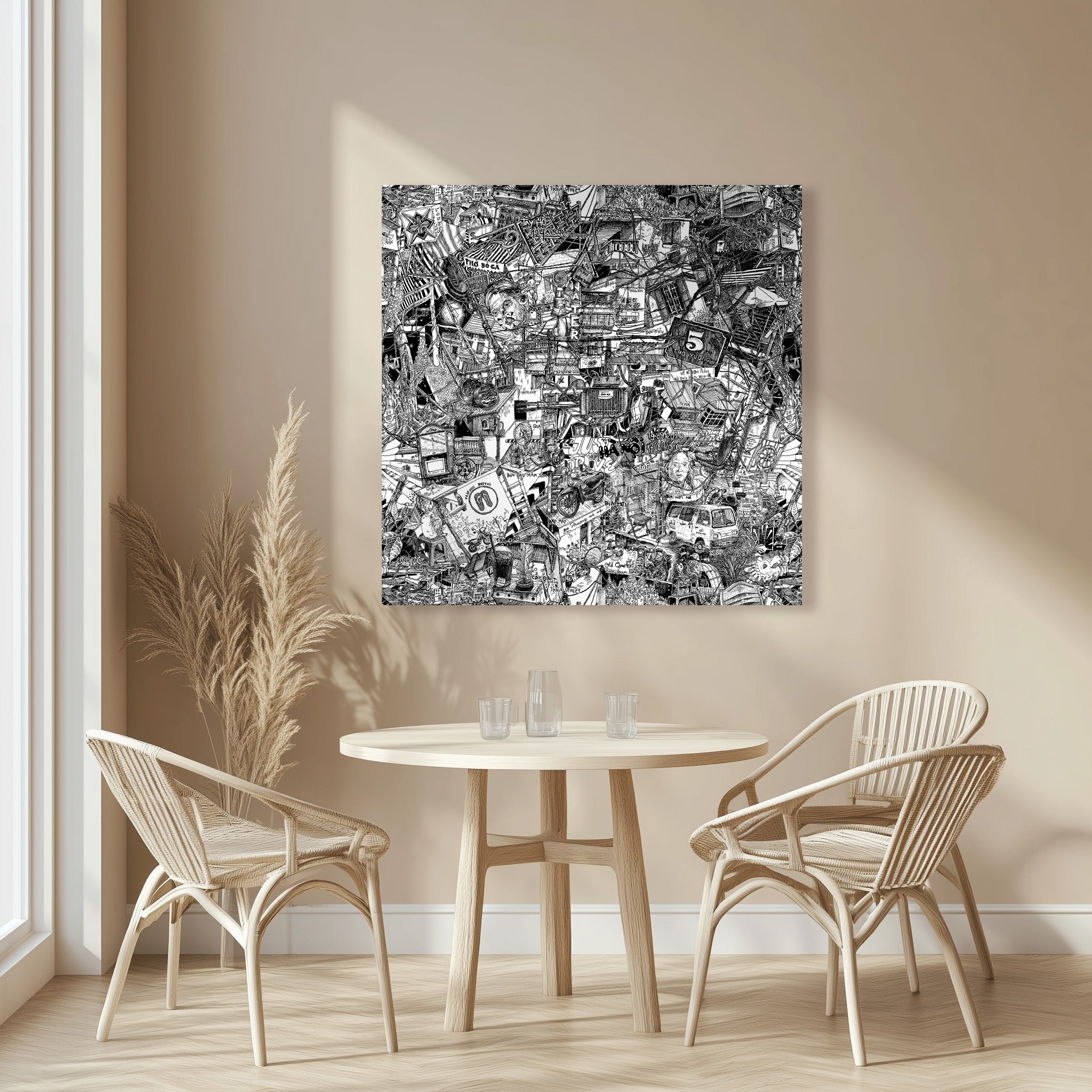 Large black-and-white Hanoi canvas art, filled with urban details like Star Bar, motorbikes, and iconic street food for an authentic city vibe.
