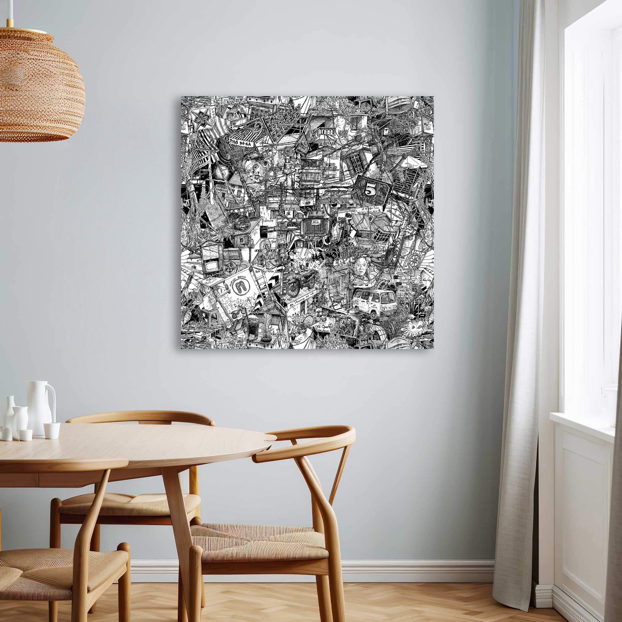 Intricate Hanoi skyline in black and white, capturing motorbikes, street food, Tai Ho, and buzzing streets in a vivid urban art canvas.