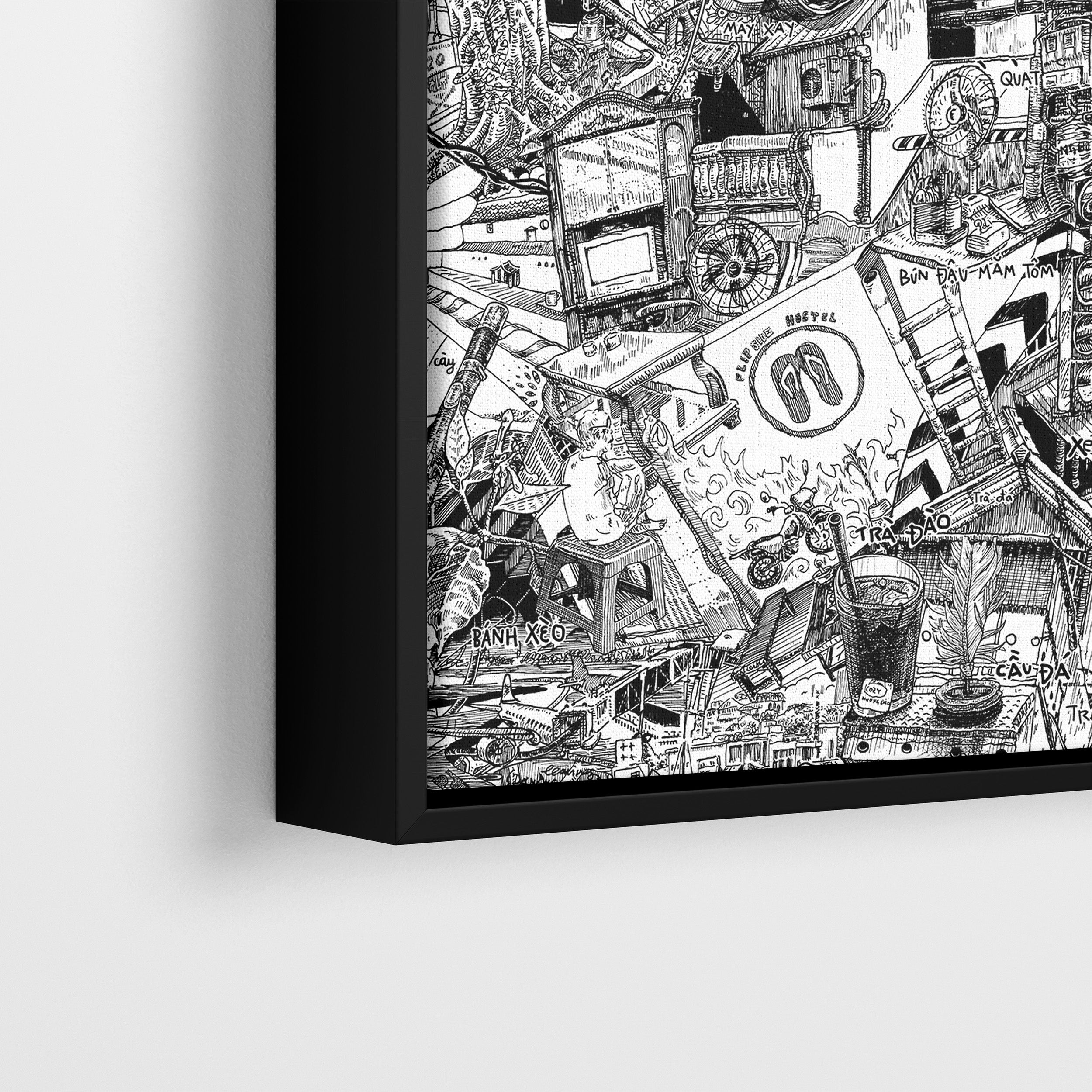 Close-up of Hanoi canvas in a black frame, showcasing traditional Vietnamese interiors, iced tea, shuttlecock, roots, and detailed urban street art.