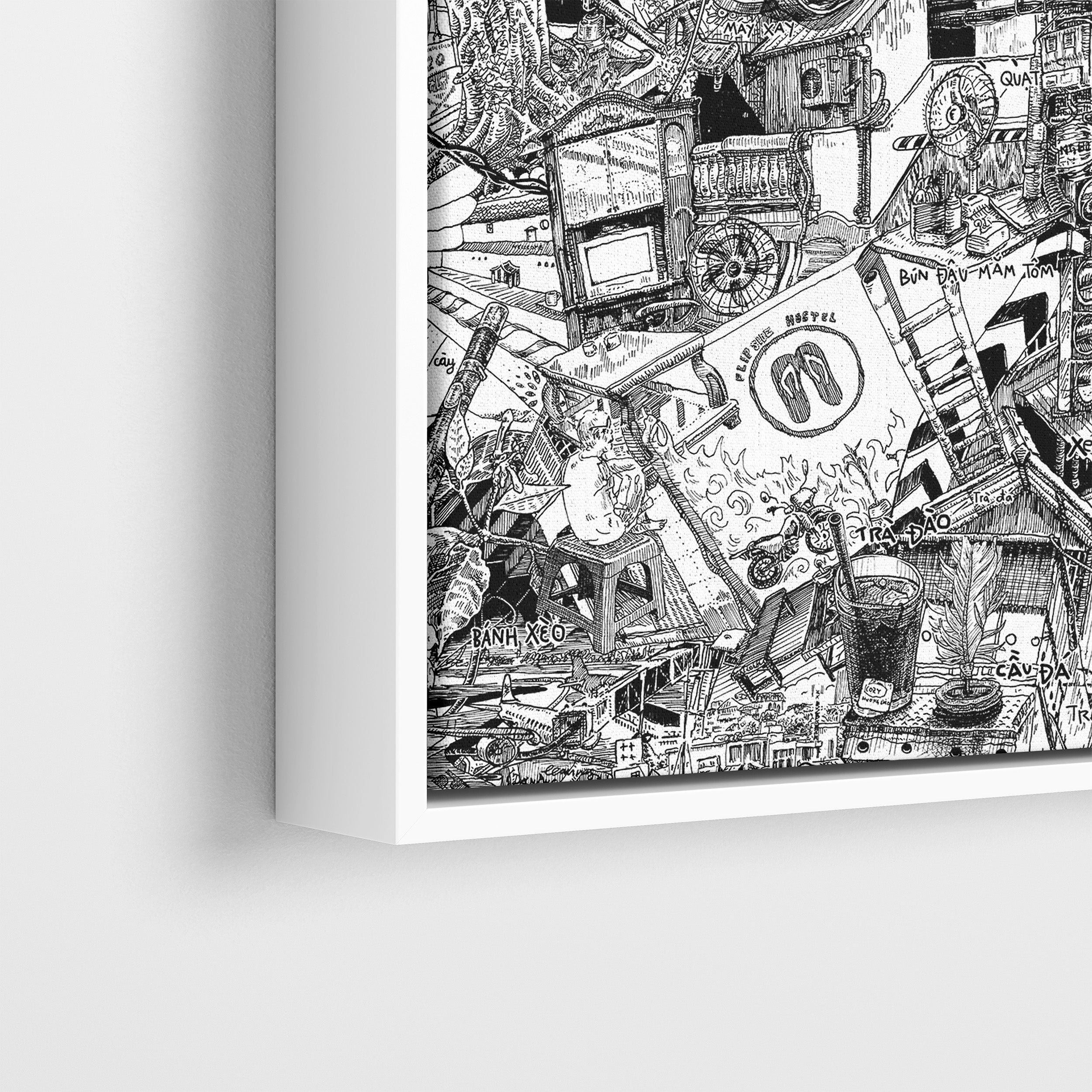 Close-up of Hanoi canvas in a white frame, featuring Banh Xeo, a fan, trees, and intricate Vietnamese urban vocabulary in black-and-white fine art.