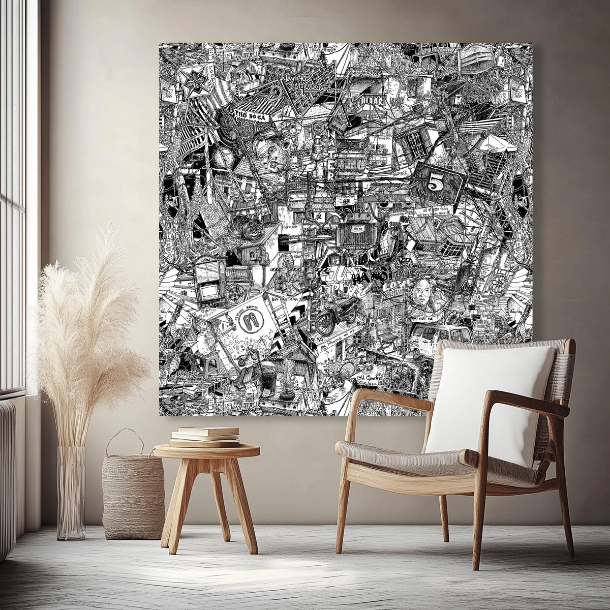 Massive black-and-white Hanoi canvas, featuring detailed urban life with street food, motorbikes, Tai Ho, and power cables in street art style.