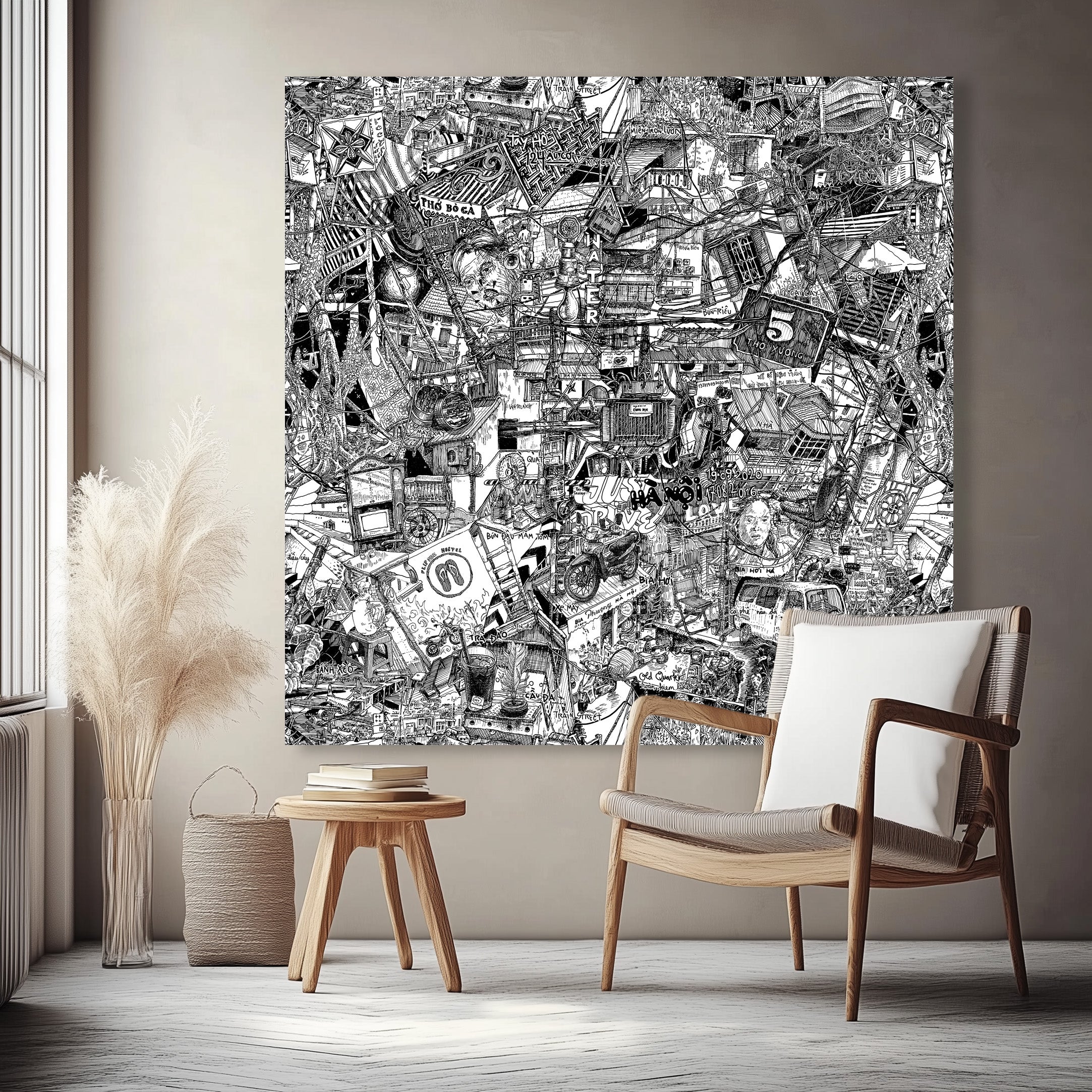 Massive black-and-white Hanoi canvas, featuring detailed urban life with street food, motorbikes, Tai Ho, and power cables in street art style.