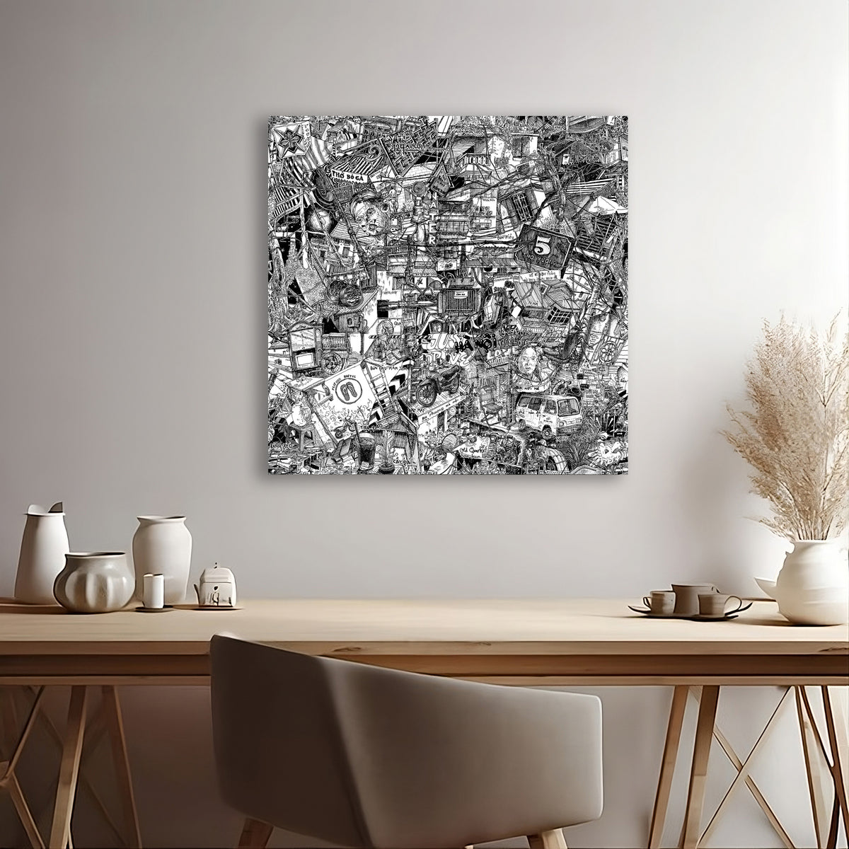 Hand-drawn black-and-white Hanoi cityscape, featuring power cables, motorbikes, Tai Ho landmarks, and intricate urban details in a buzzing street art style.