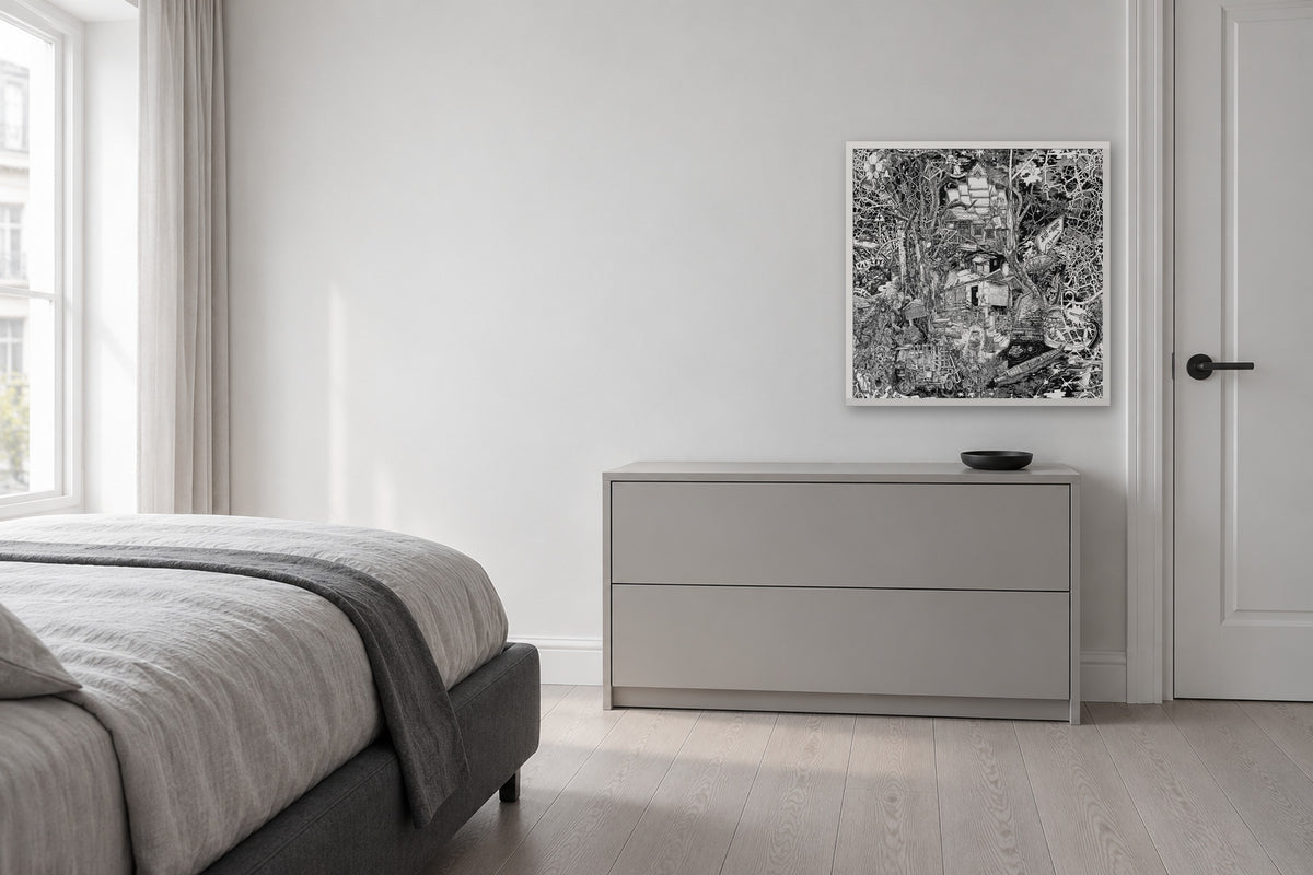 Laos fine art poster 50 × 50 cm in a white wood frame in a bedroom above a chest of drawers