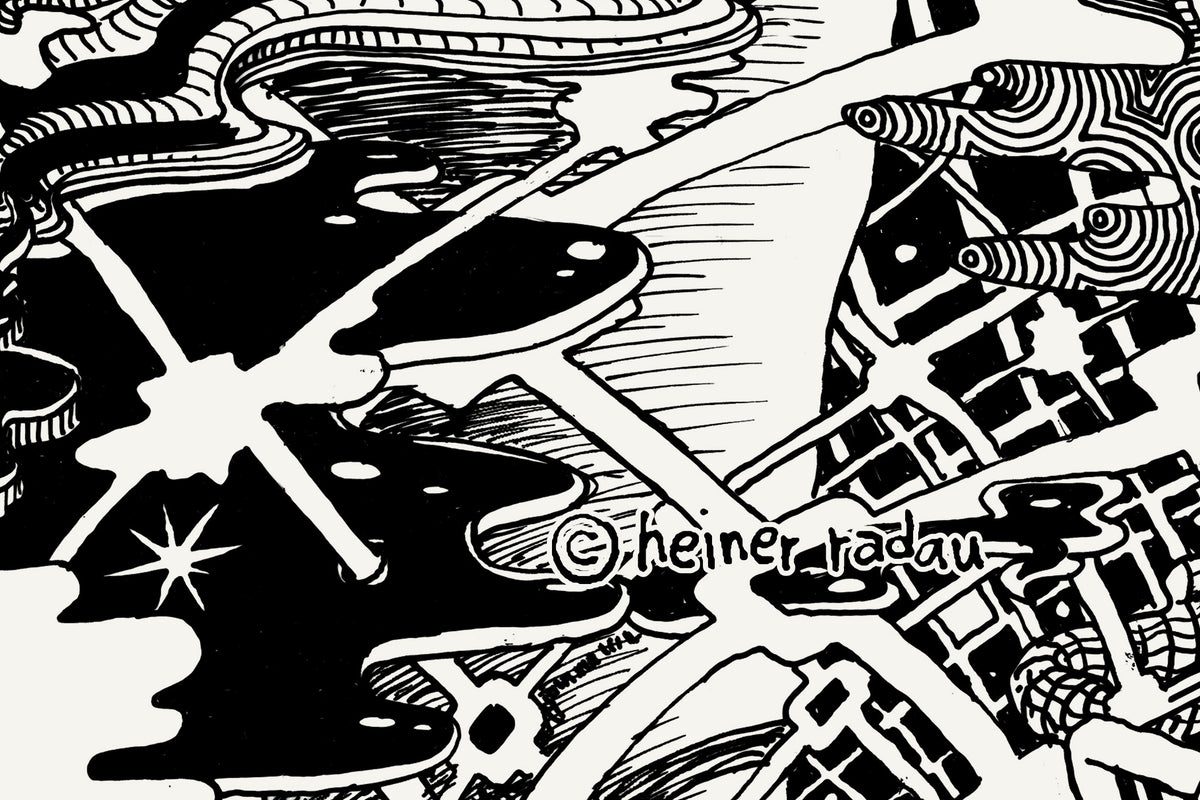 Close-up of the Laos ink drawing with the hand-written © heiner radau signature in the lower right corner