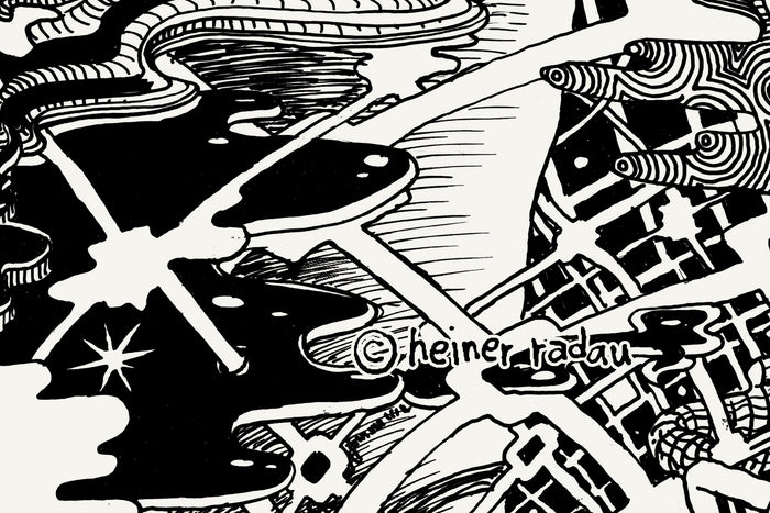 Close-up of the Laos ink drawing with the hand-written © heiner radau signature in the lower right corner