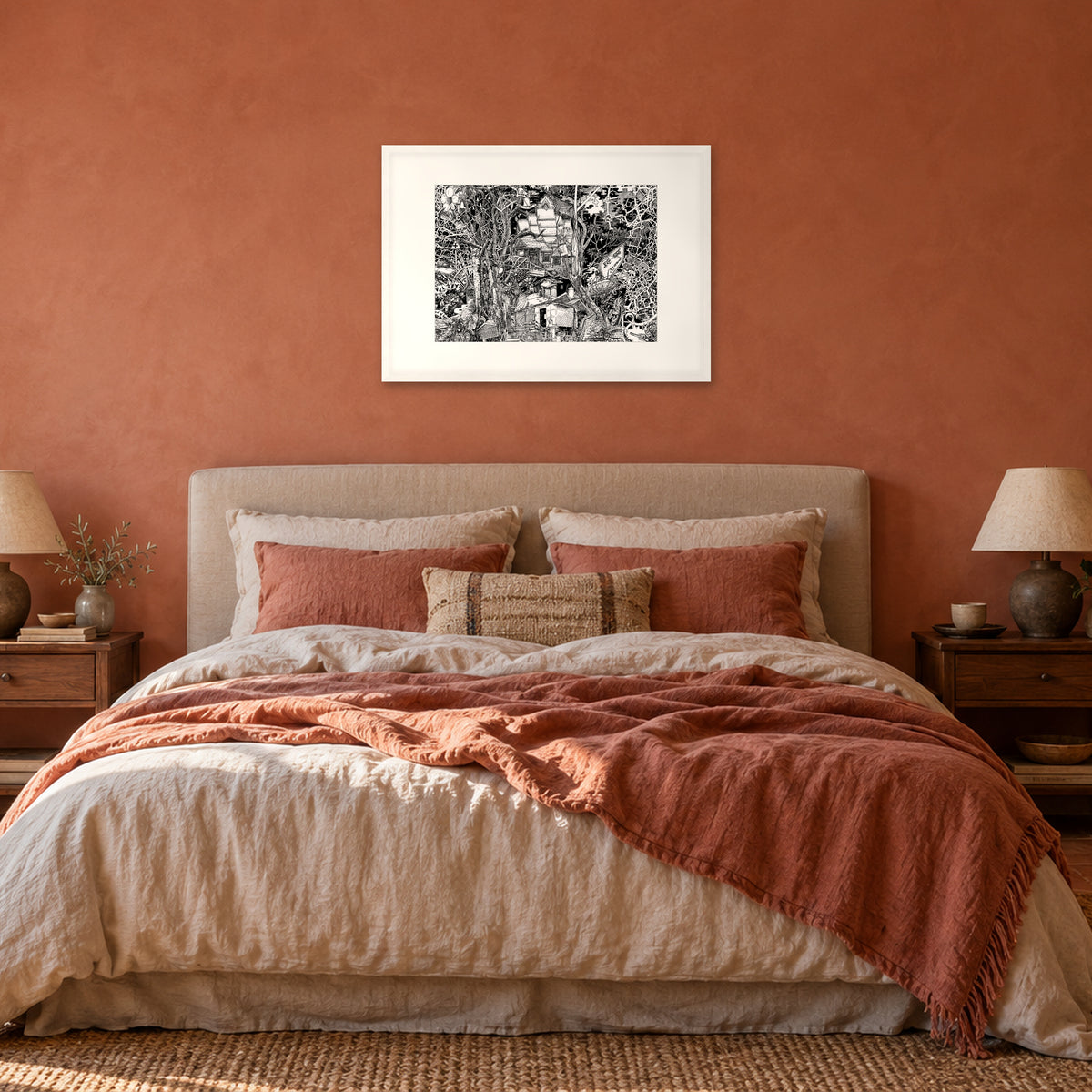 Laos fine art poster A1 landscape in a white wood frame with white passepartout above the headboard in a terracotta bedroom