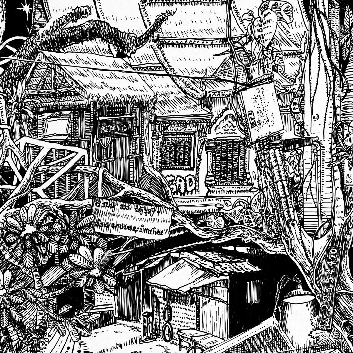 Close-up of the Laos pen and ink drawing printed on matte 230 g/m² fine art paper