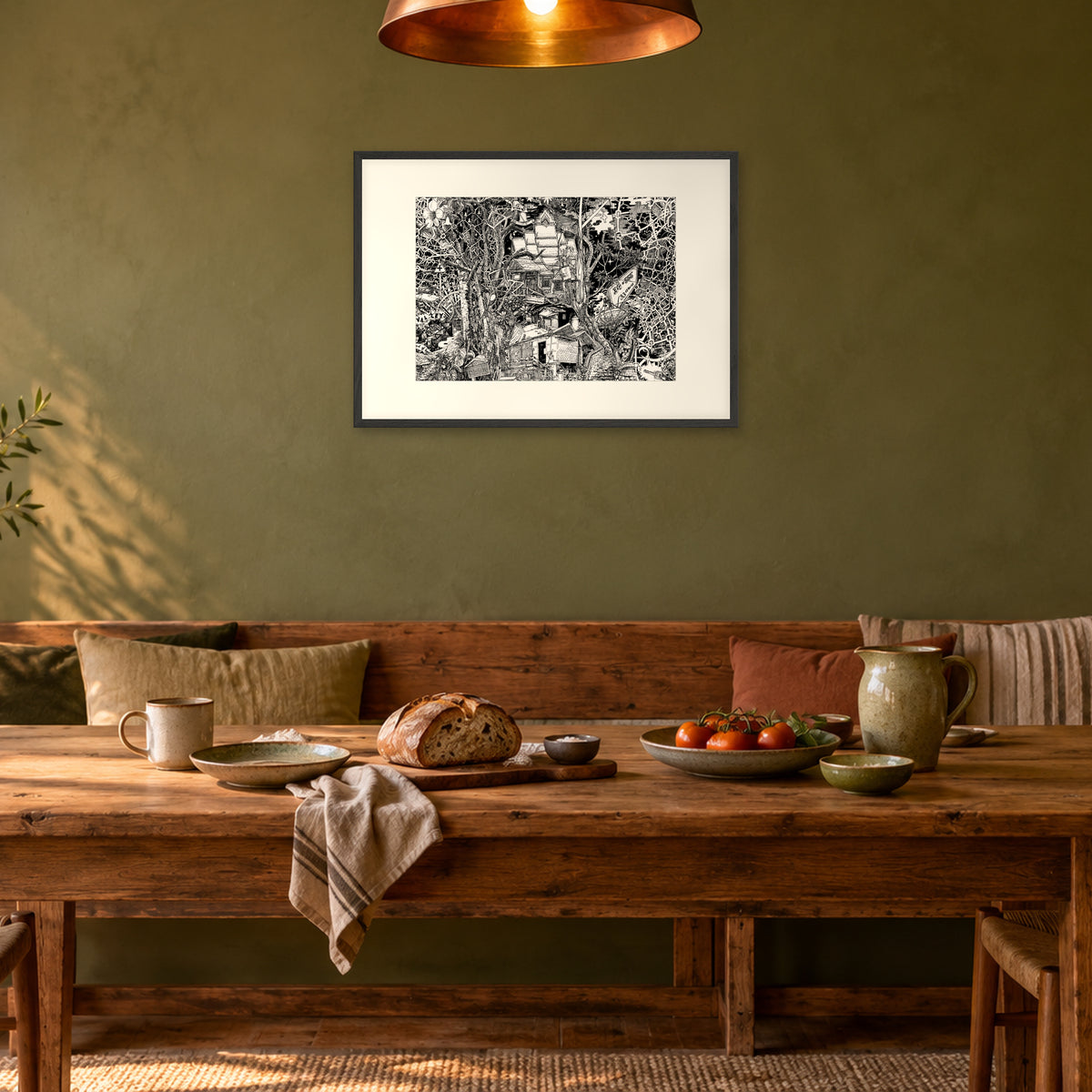 Laos fine art poster A1 landscape in a black wood frame with white passepartout above a dining bench in an olive-green room