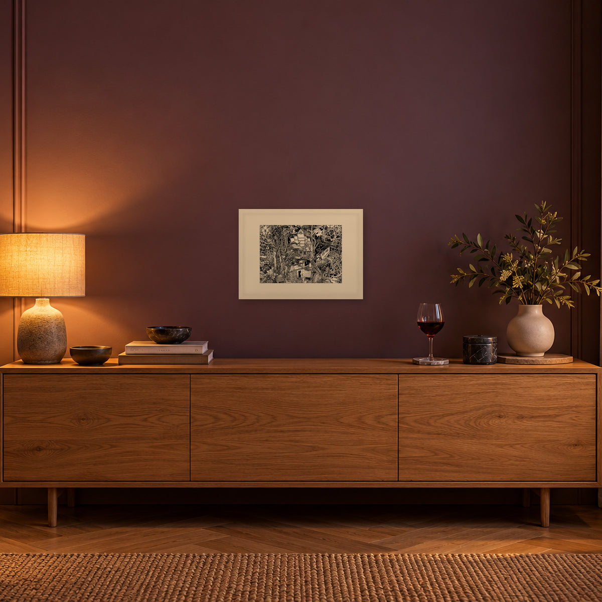 Laos fine art poster A3 landscape in a white wood frame with passepartout above an oak sideboard in evening light