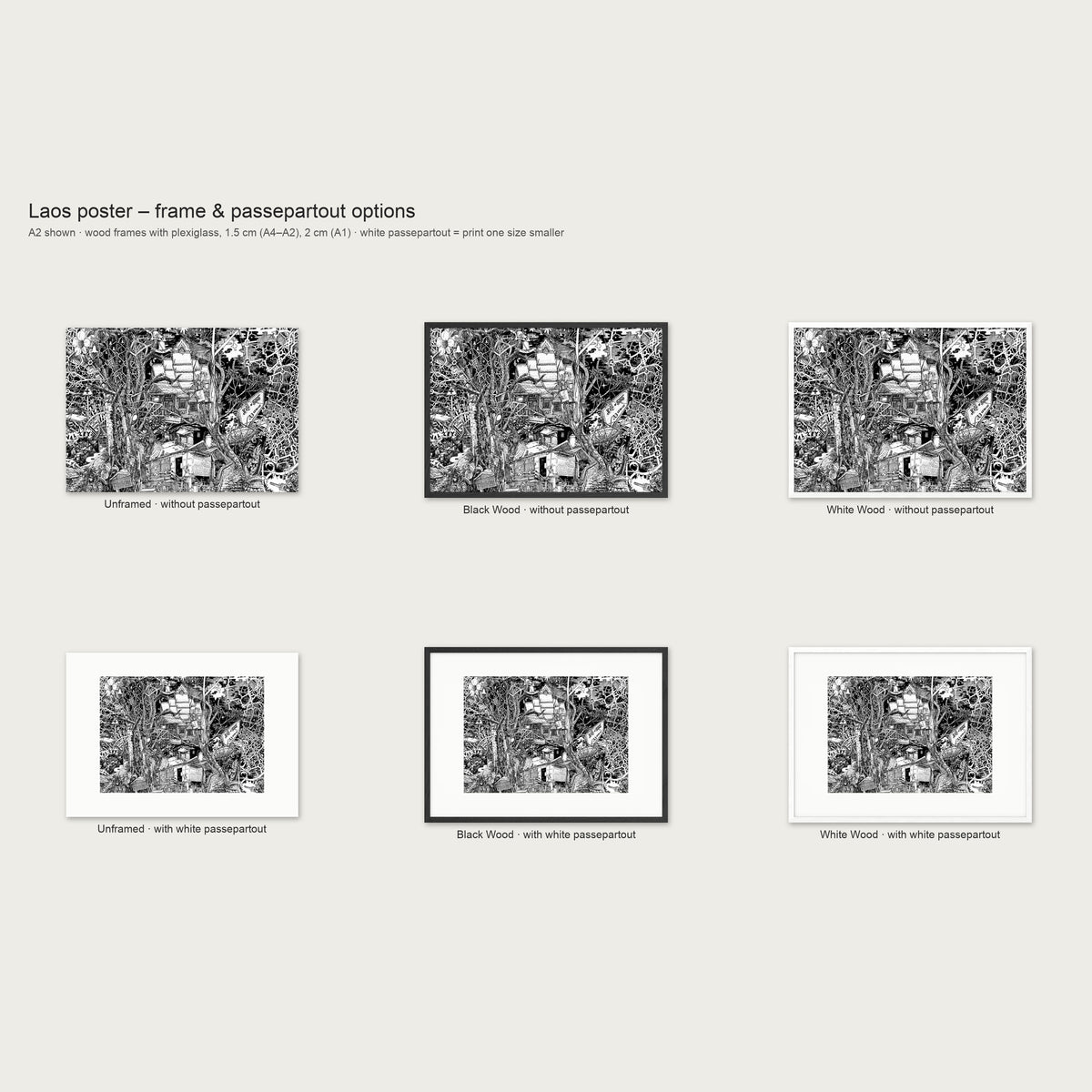 Frame and passepartout options for the Laos landscape poster: unframed, black wood or white wood, with or without white passepartout
