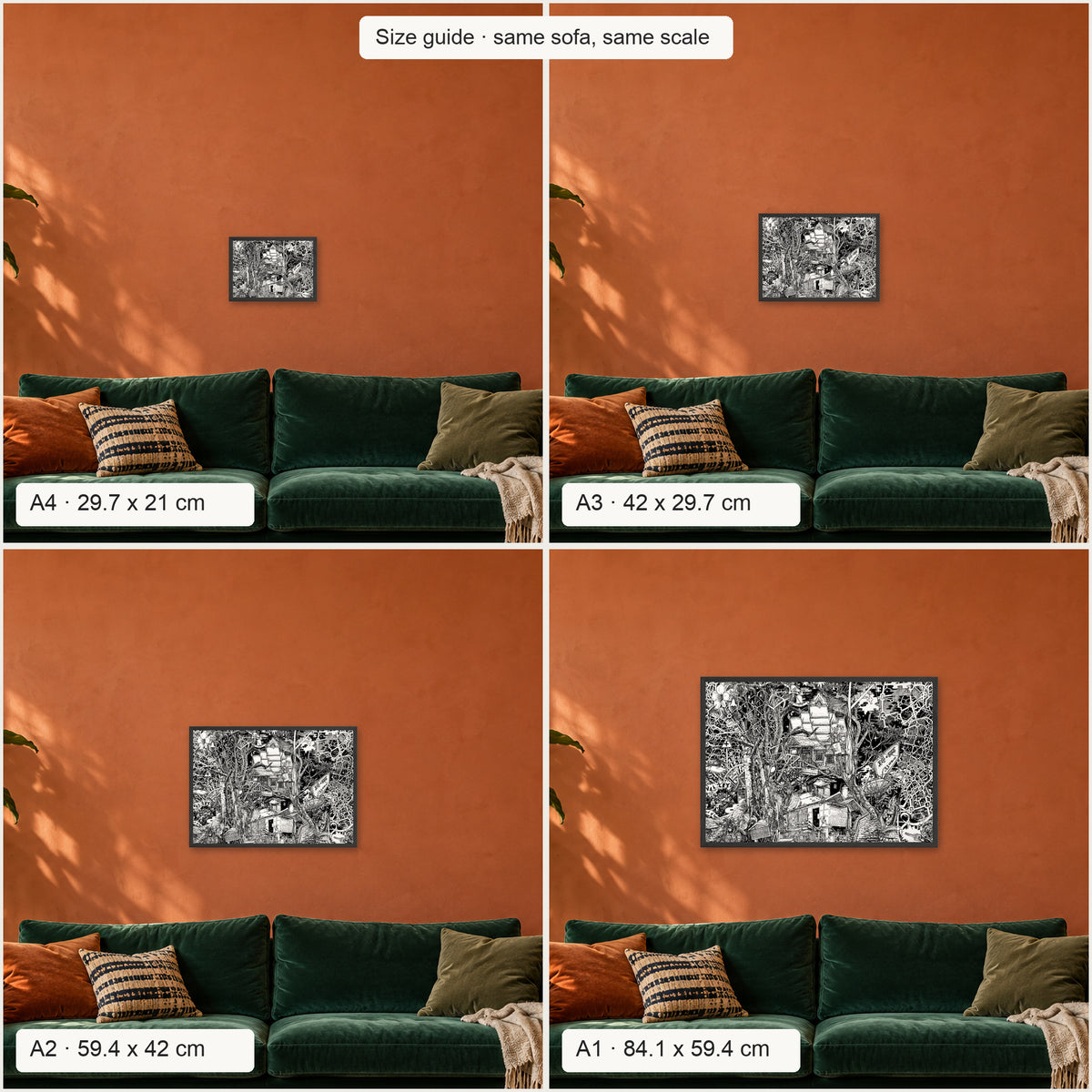 Size guide: Laos landscape poster in A4, A3, A2 and A1 above the same sofa, to scale