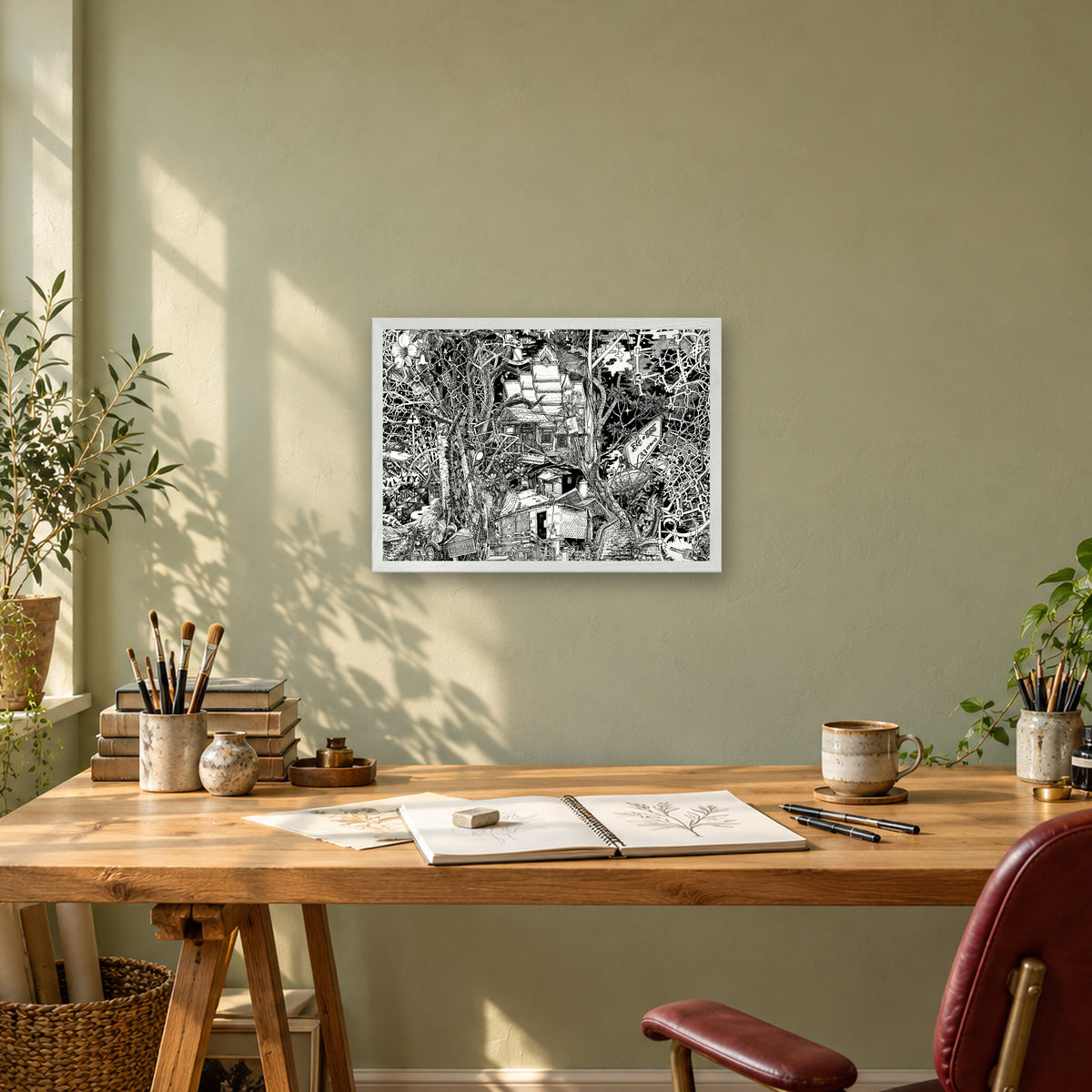 Laos fine art poster A3 landscape in a white wood frame above a drawing desk in a sage-green studio