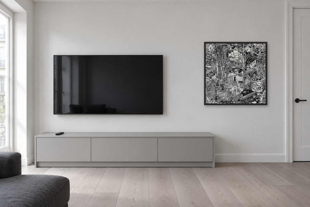 Laos fine art poster 70 × 70 cm in a black wood frame in a living room next to a TV