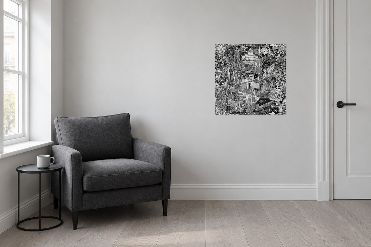 Unframed Laos fine art poster 50 × 50 cm in a reading corner with an armchair