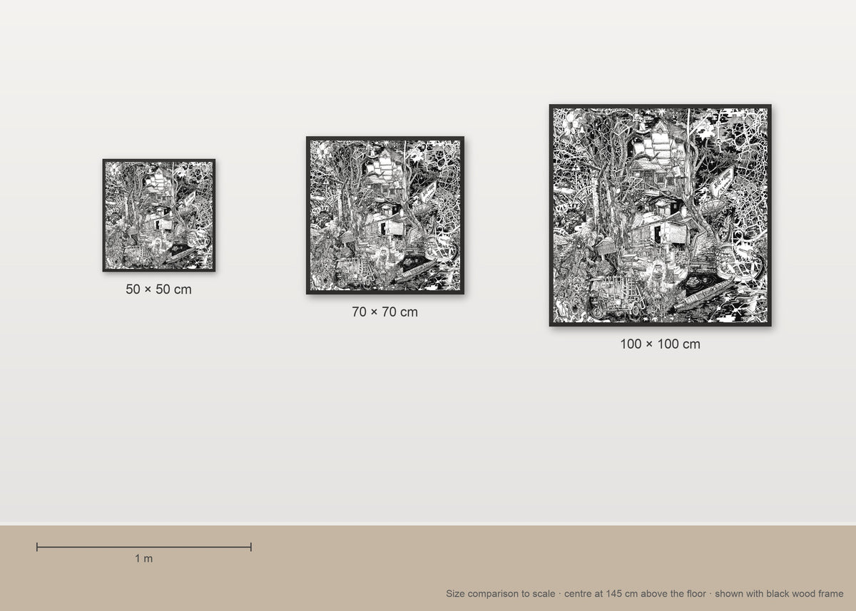 Size comparison of the Laos fine art poster in 50 × 50, 70 × 70 and 100 × 100 cm, to scale on a wall