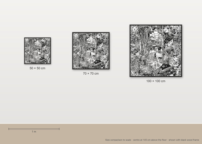 Size comparison of the Laos fine art poster in 50 × 50, 70 × 70 and 100 × 100 cm, to scale on a wall