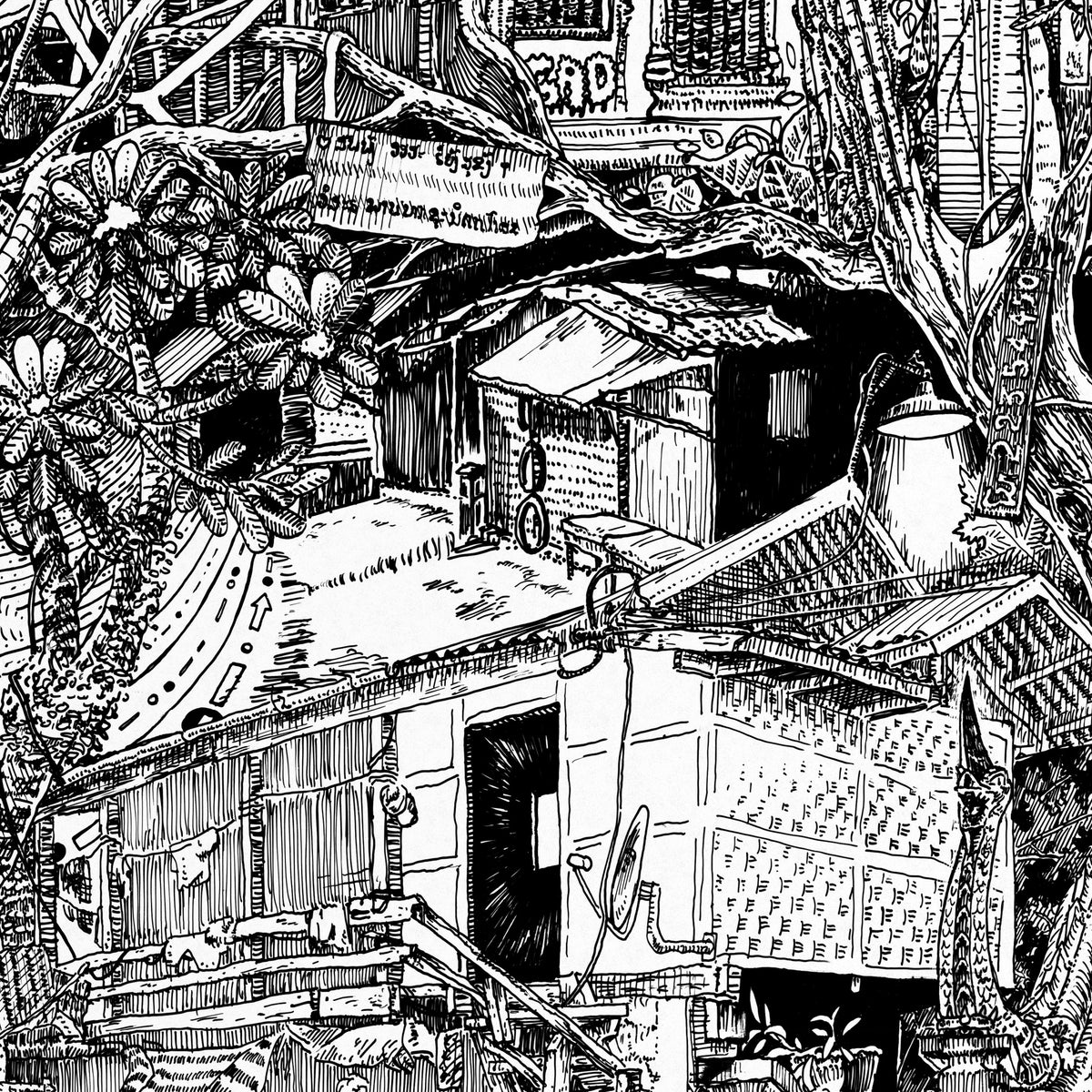 Close-up of the Laos pen and ink drawing printed on matte 230 g/m² fine art paper