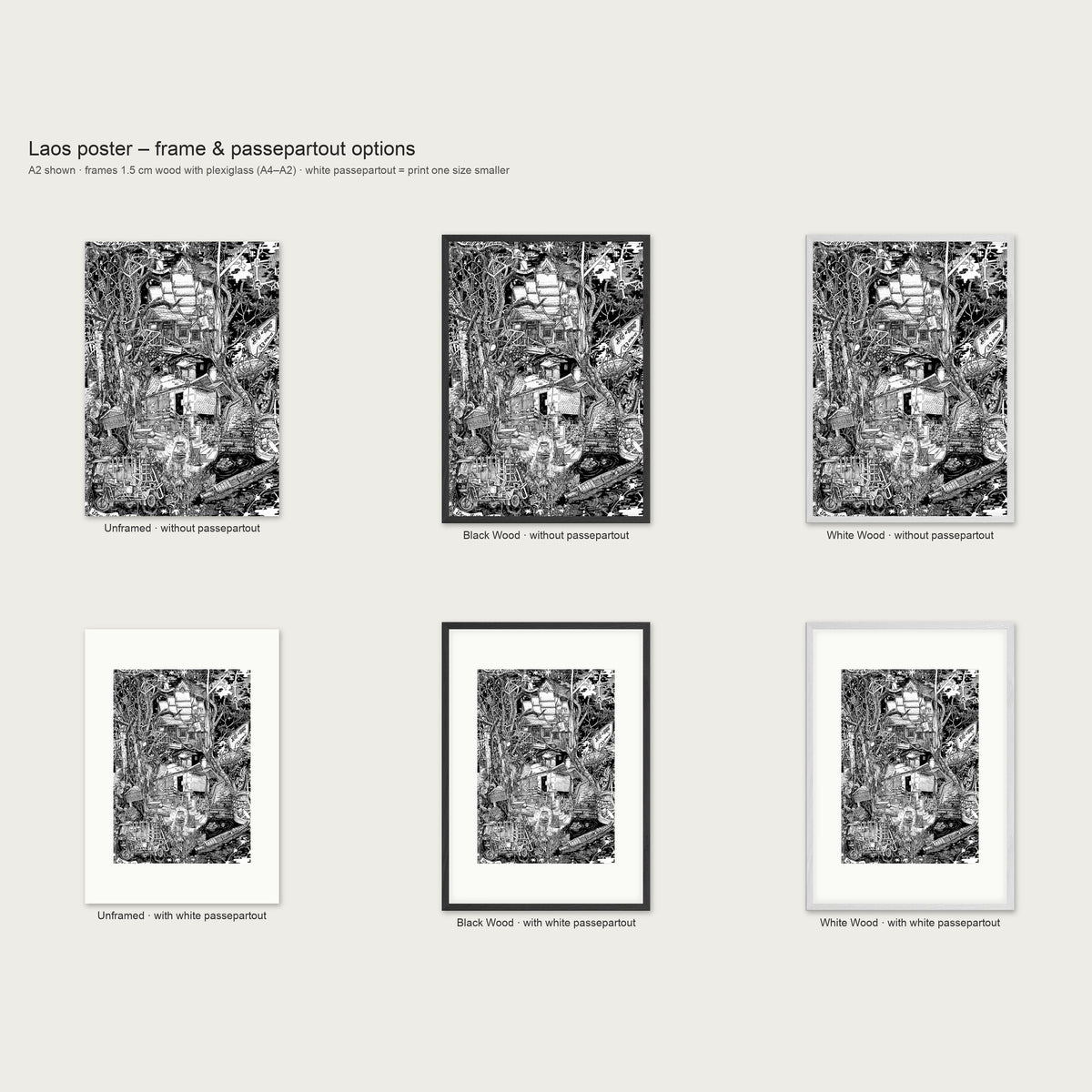 Frame and passepartout options for the Laos portrait poster: unframed, black wood or white wood, with or without white passepartout