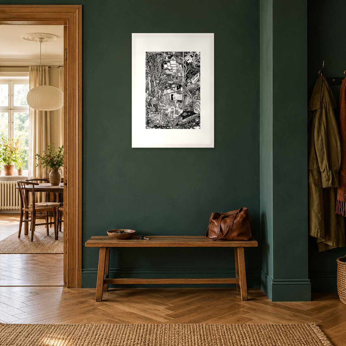 Laos fine art poster A1 portrait in a white wood frame with white passepartout in a petrol-green hallway above an oak bench