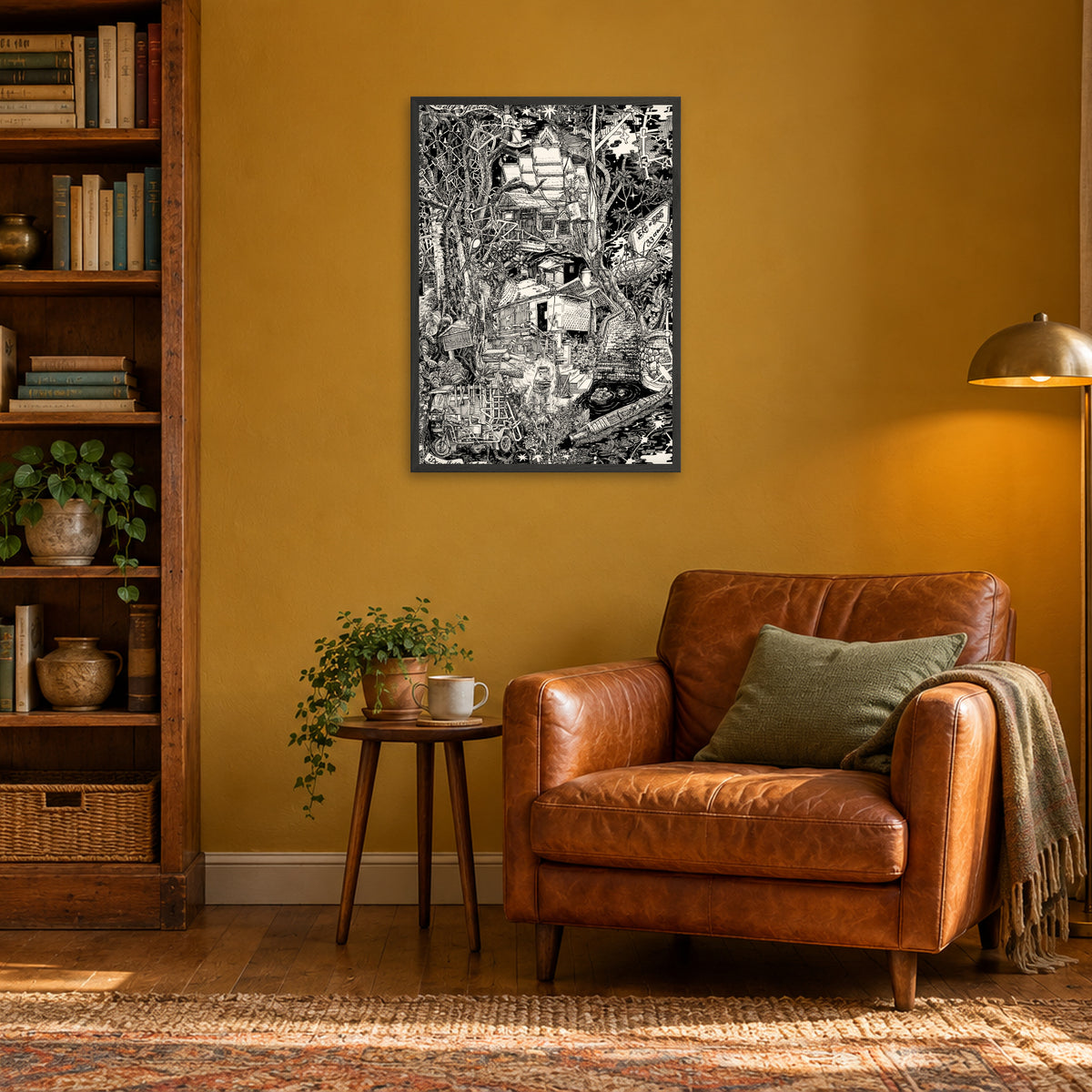 Laos fine art poster A1 portrait in a black wood frame above a leather armchair in a mustard-yellow reading corner