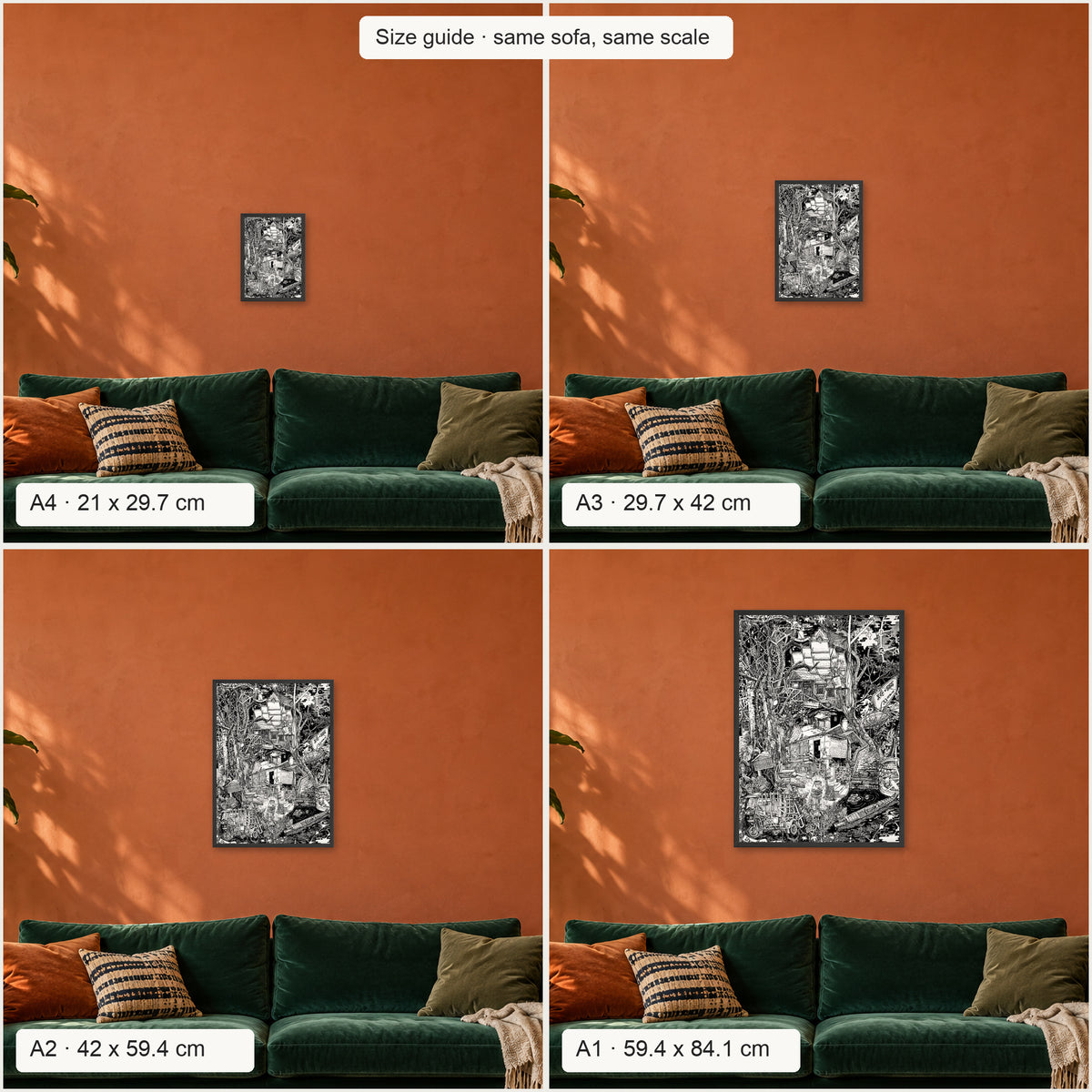 Size guide: Laos portrait poster in A4, A3, A2 and A1 above the same sofa, to scale