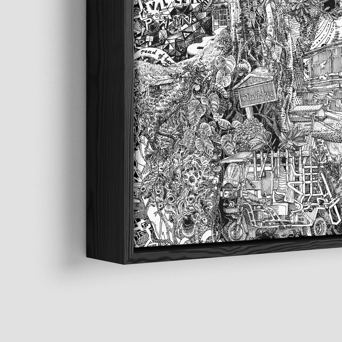 Close-up of Luang Prabang canvas in a black frame, showcasing detailed Laotian jungle plants, praying mantis, and traditional huts.
