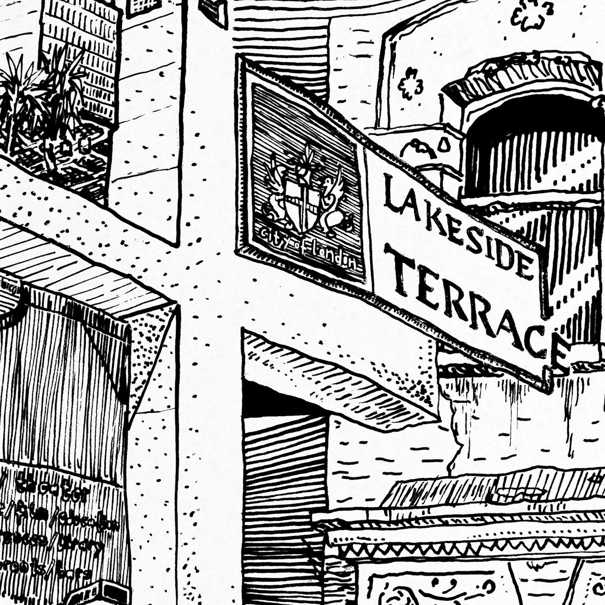 Close-up of the London pen and ink drawing printed on matte 230 g/m² fine art paper