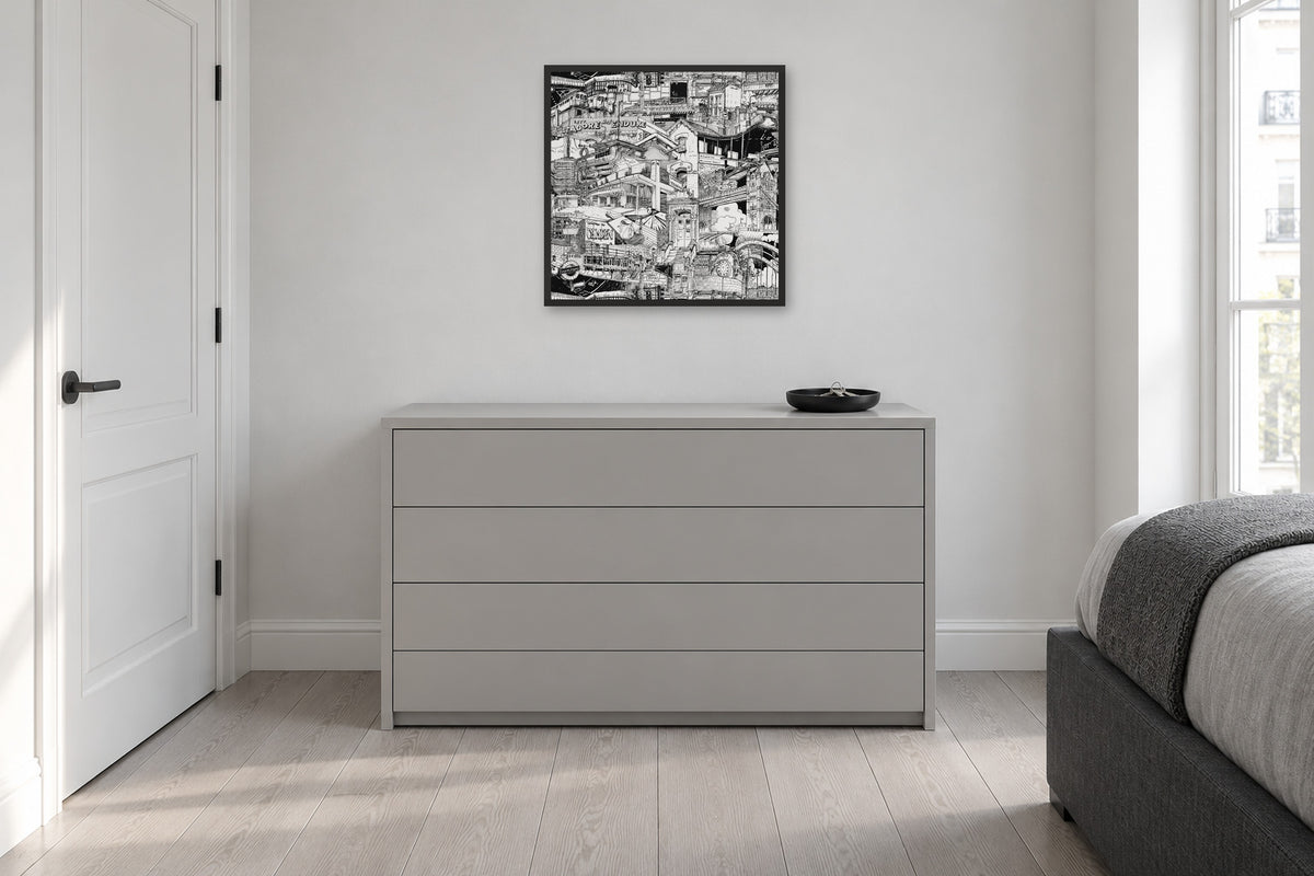 London fine art poster 50 × 50 cm in a black wood frame above a chest of drawers