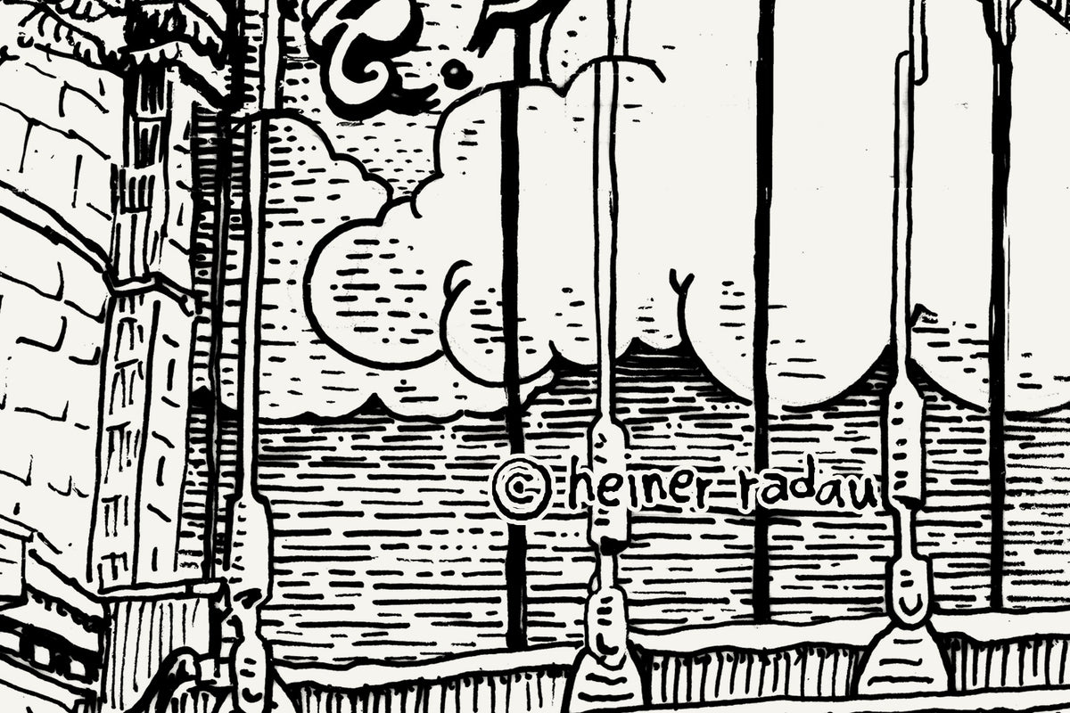 Close-up of the London ink drawing with the hand-written © heiner radau signature in the lower right corner