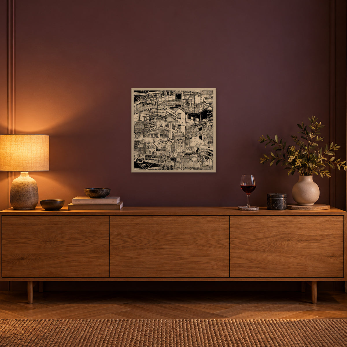 London fine art poster 50 × 50 cm in a white wood frame above an oak sideboard in warm evening light