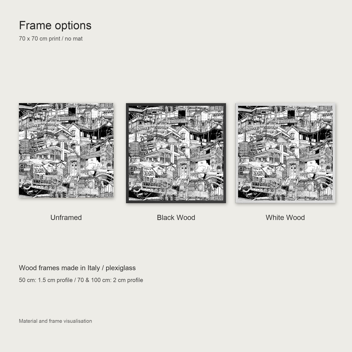 Frame options for the London fine art poster: unframed, black wood or white wood frame with plexiglass