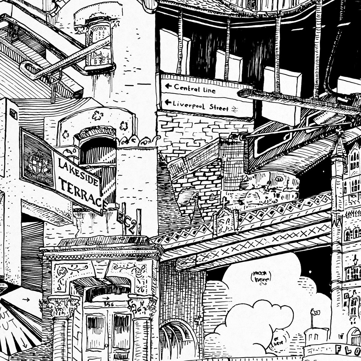 Close-up of the London pen and ink drawing printed on matte 230 g/m² fine art paper
