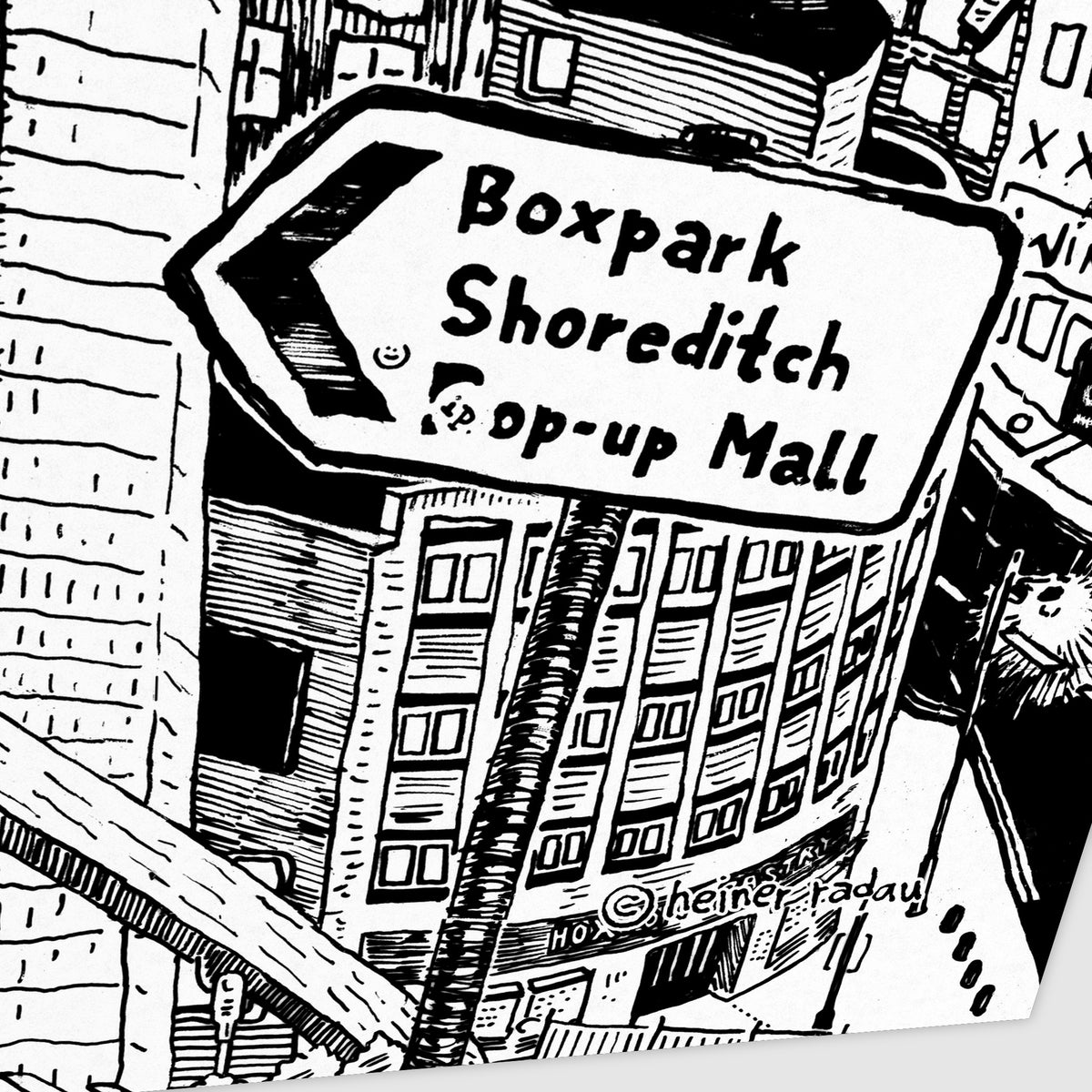 Detail of the hand-written © heiner radau signature on the London landscape fine art poster
