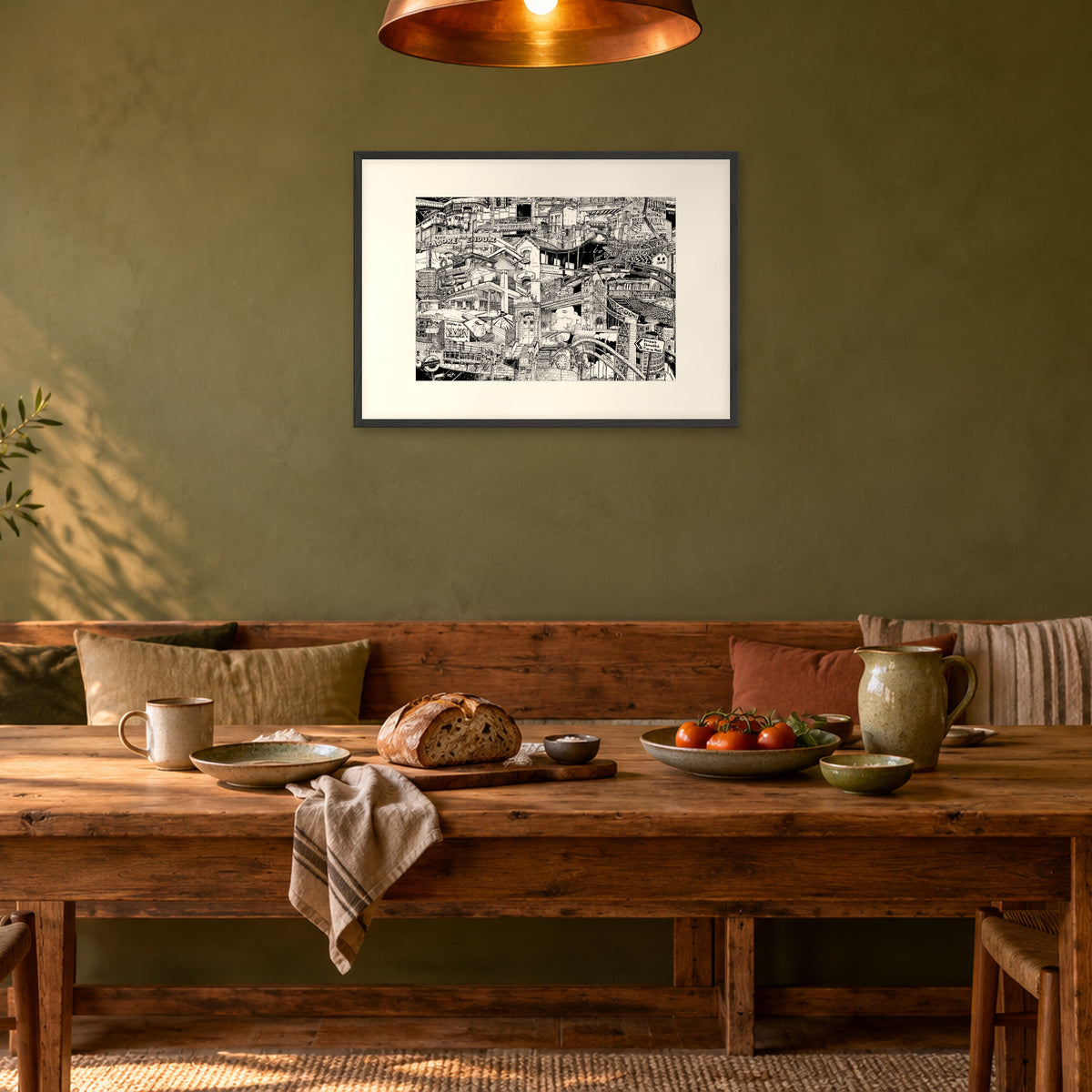 London fine art poster A1 landscape in a black wood frame with white passepartout above a dining bench in an olive-green room