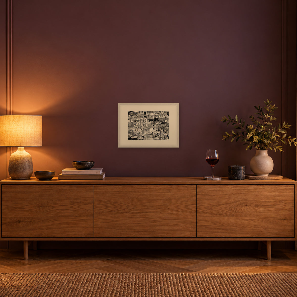 London fine art poster A3 landscape in a white wood frame with passepartout above an oak sideboard in evening light