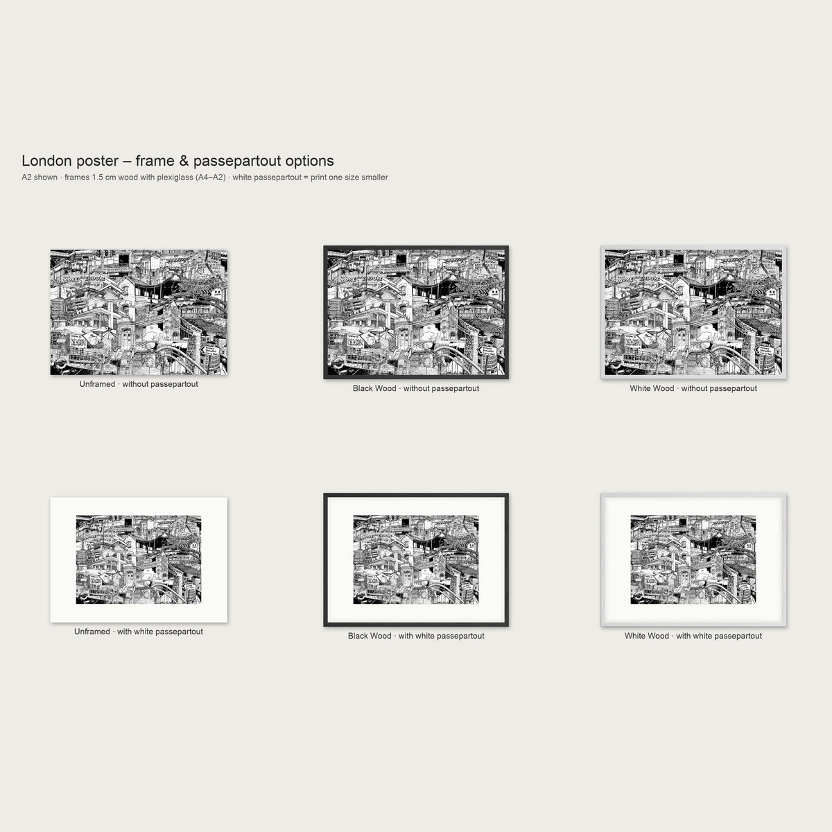 Frame and passepartout options for the London landscape poster: unframed, black wood or white wood, with or without white passepartout