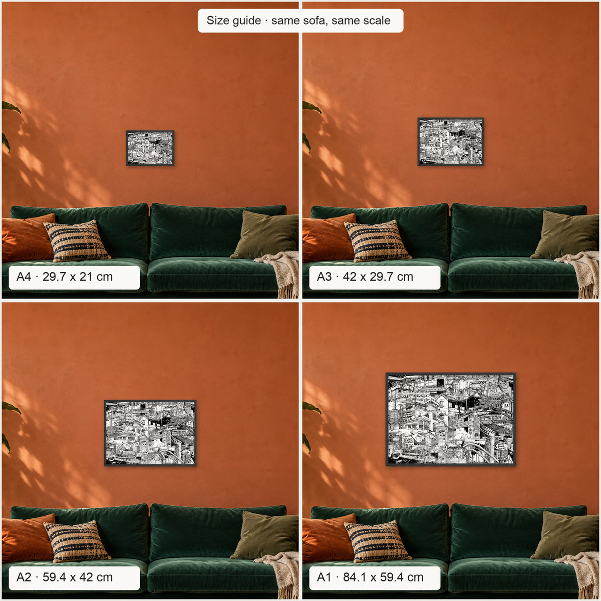 Size guide: London landscape poster in A4, A3, A2 and A1 above the same sofa, to scale