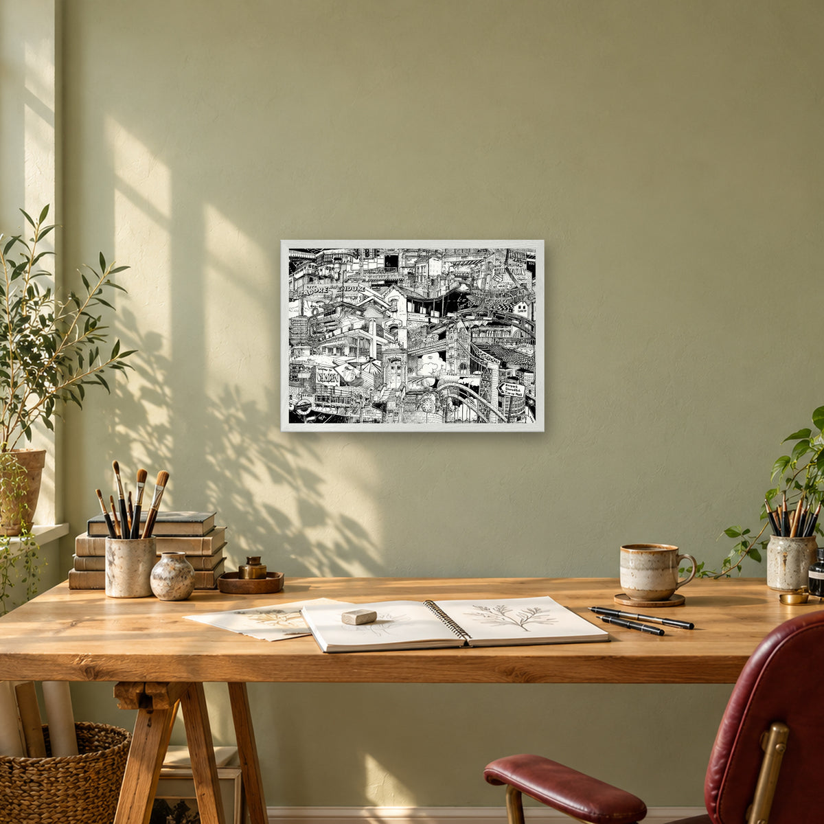 London fine art poster A3 landscape in a white wood frame above a drawing desk in a sage-green studio