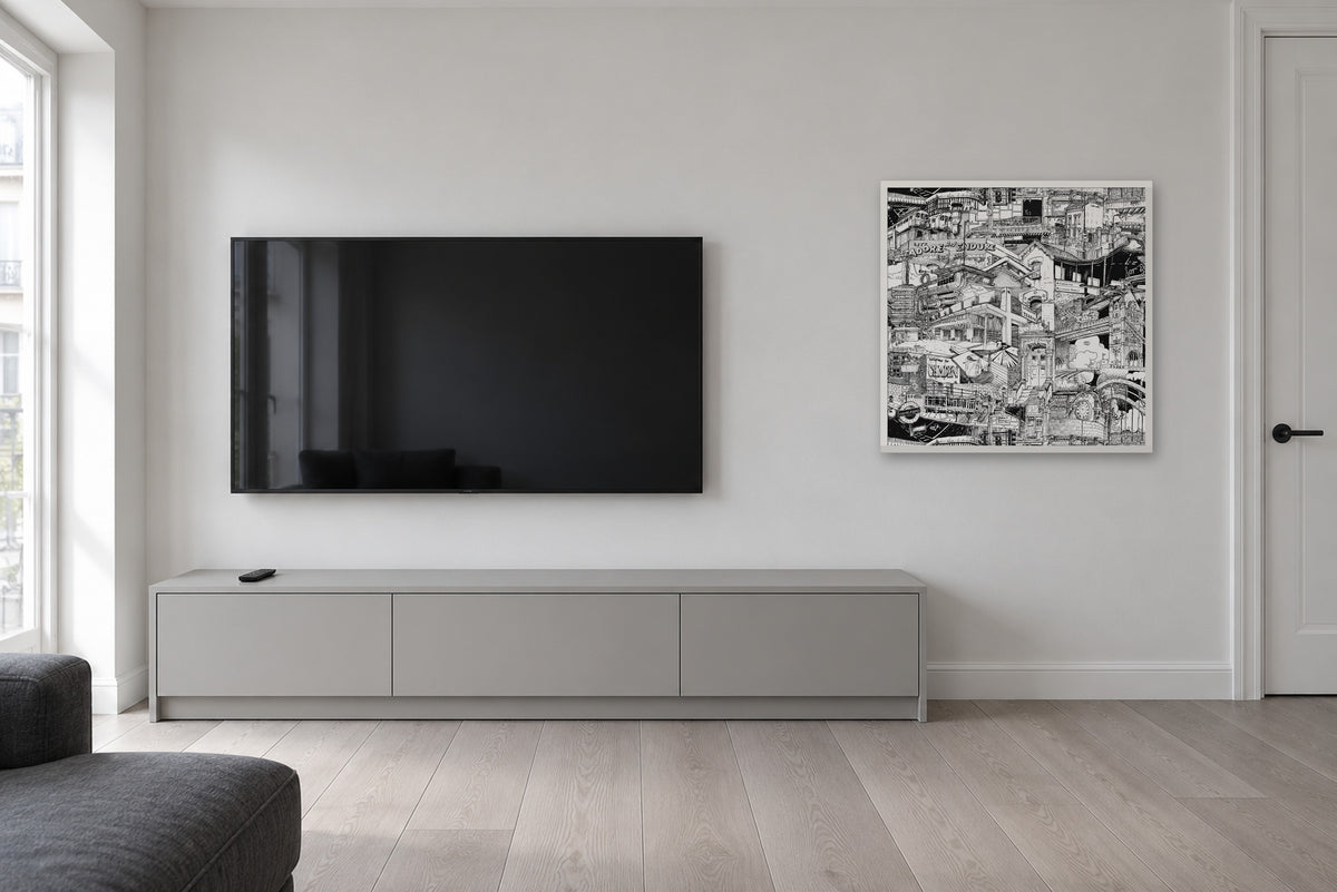 London fine art poster 70 × 70 cm in a white wood frame in a living room next to a TV