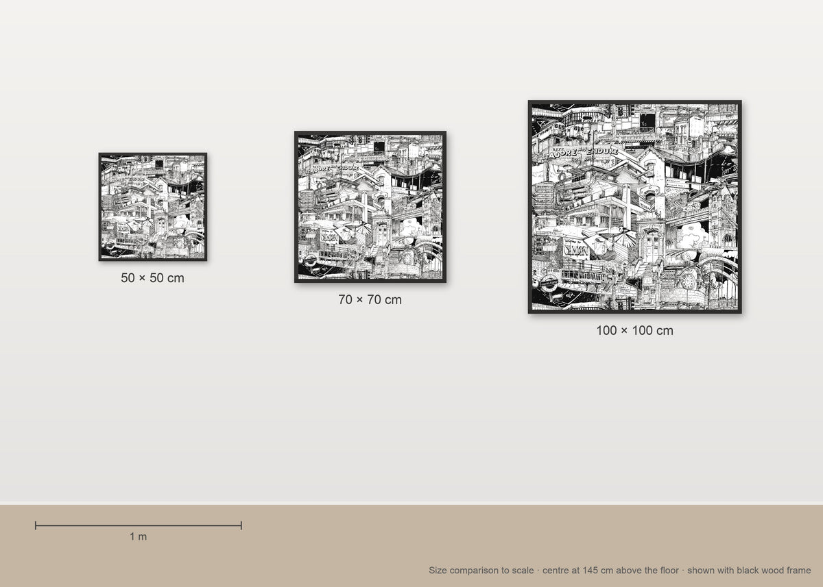 Size comparison of the London fine art poster in 50 × 50, 70 × 70 and 100 × 100 cm, to scale on a wall
