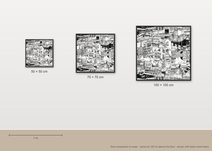 Size comparison of the London fine art poster in 50 × 50, 70 × 70 and 100 × 100 cm, to scale on a wall