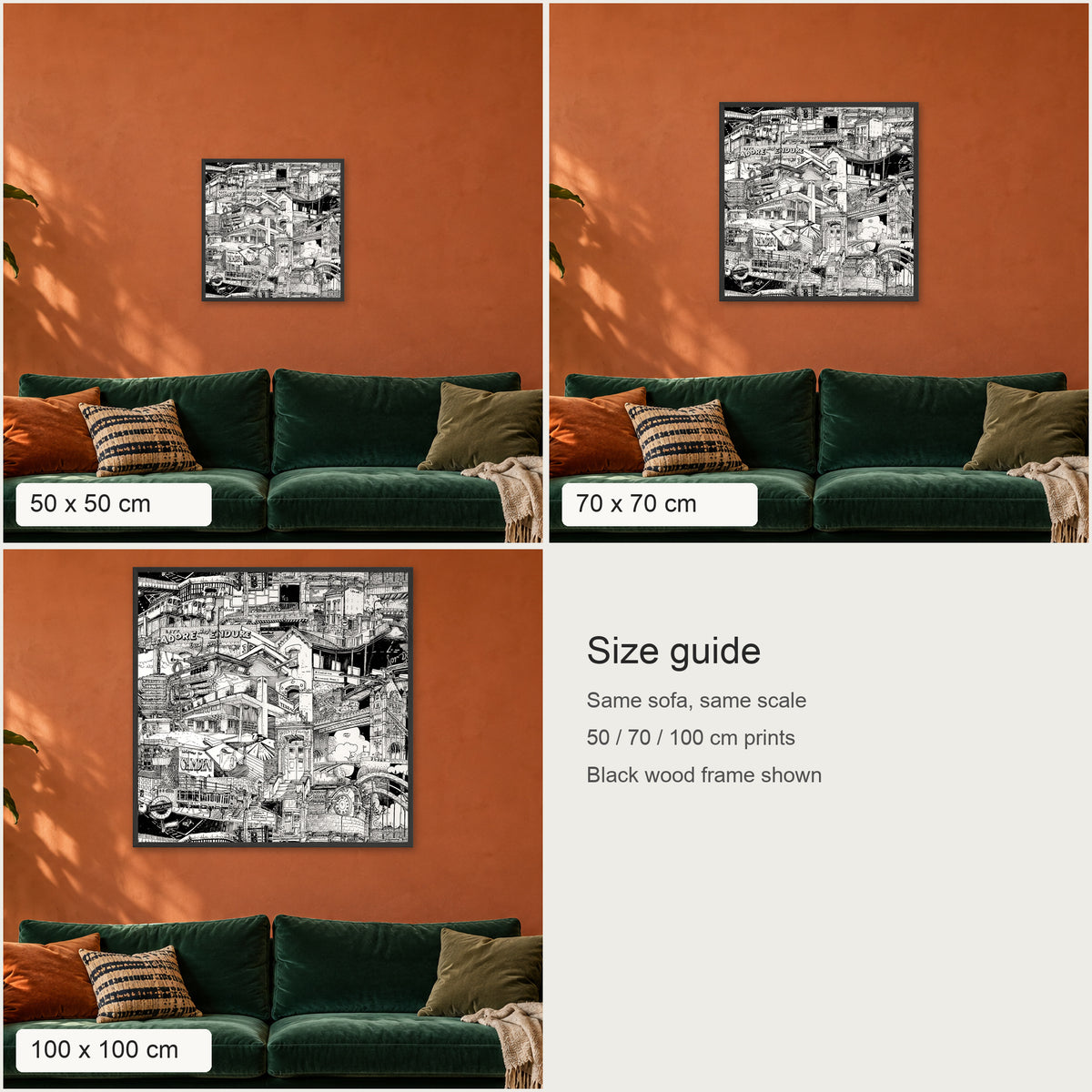 Size guide: London fine art poster in 50 × 50, 70 × 70 and 100 × 100 cm above the same sofa, to scale