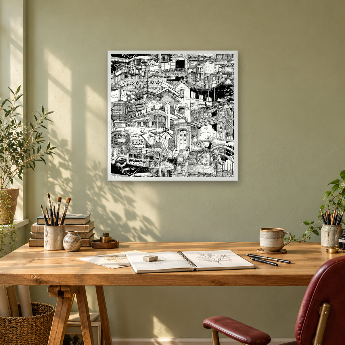 London fine art poster 50 × 50 cm in a white wood frame above a drawing desk in a sage-green studio