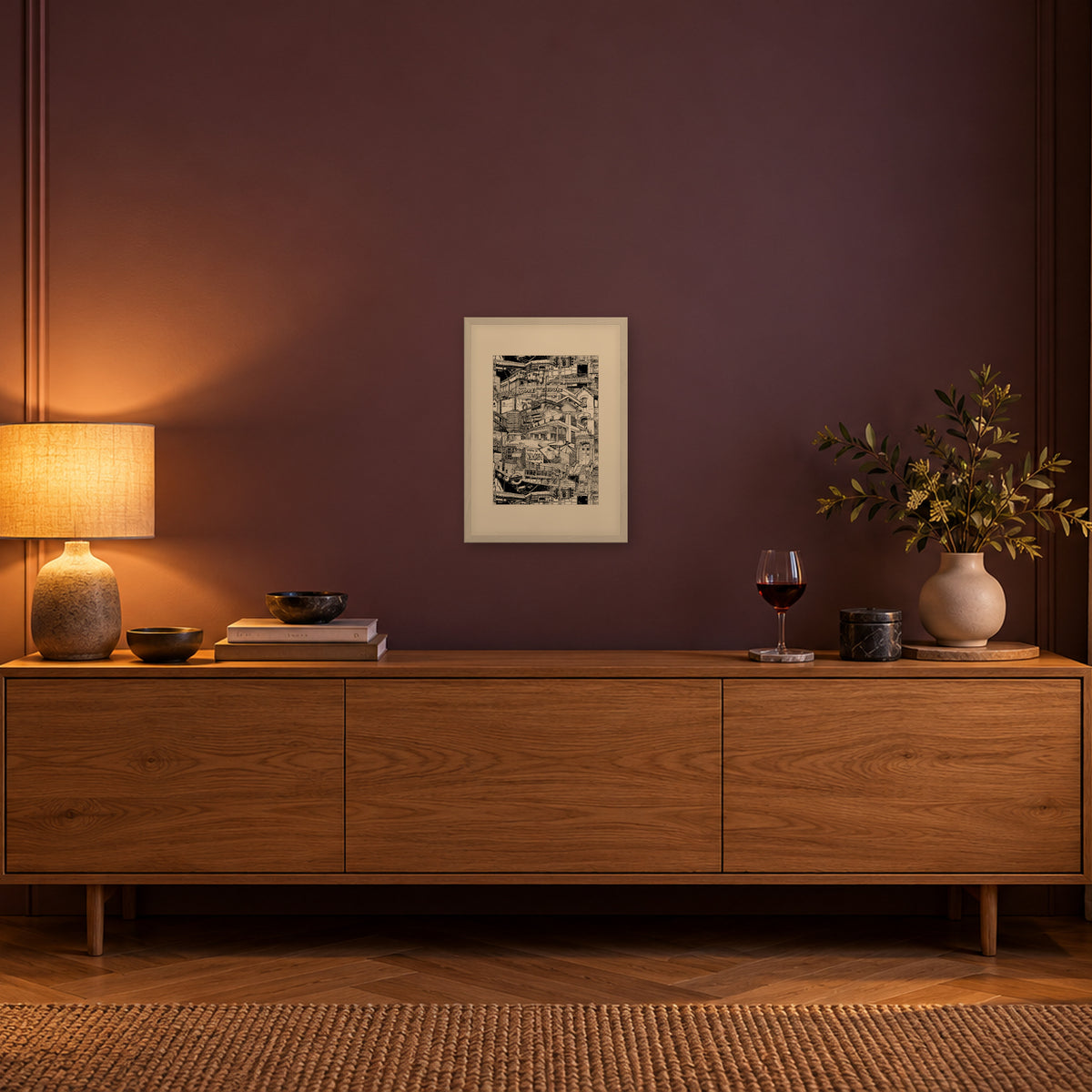 London fine art poster A3 portrait in a white wood frame with passepartout above an oak sideboard in evening light