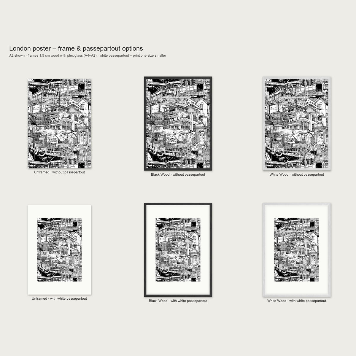 Frame and passepartout options for the London portrait poster: unframed, black wood or white wood, with or without white passepartout