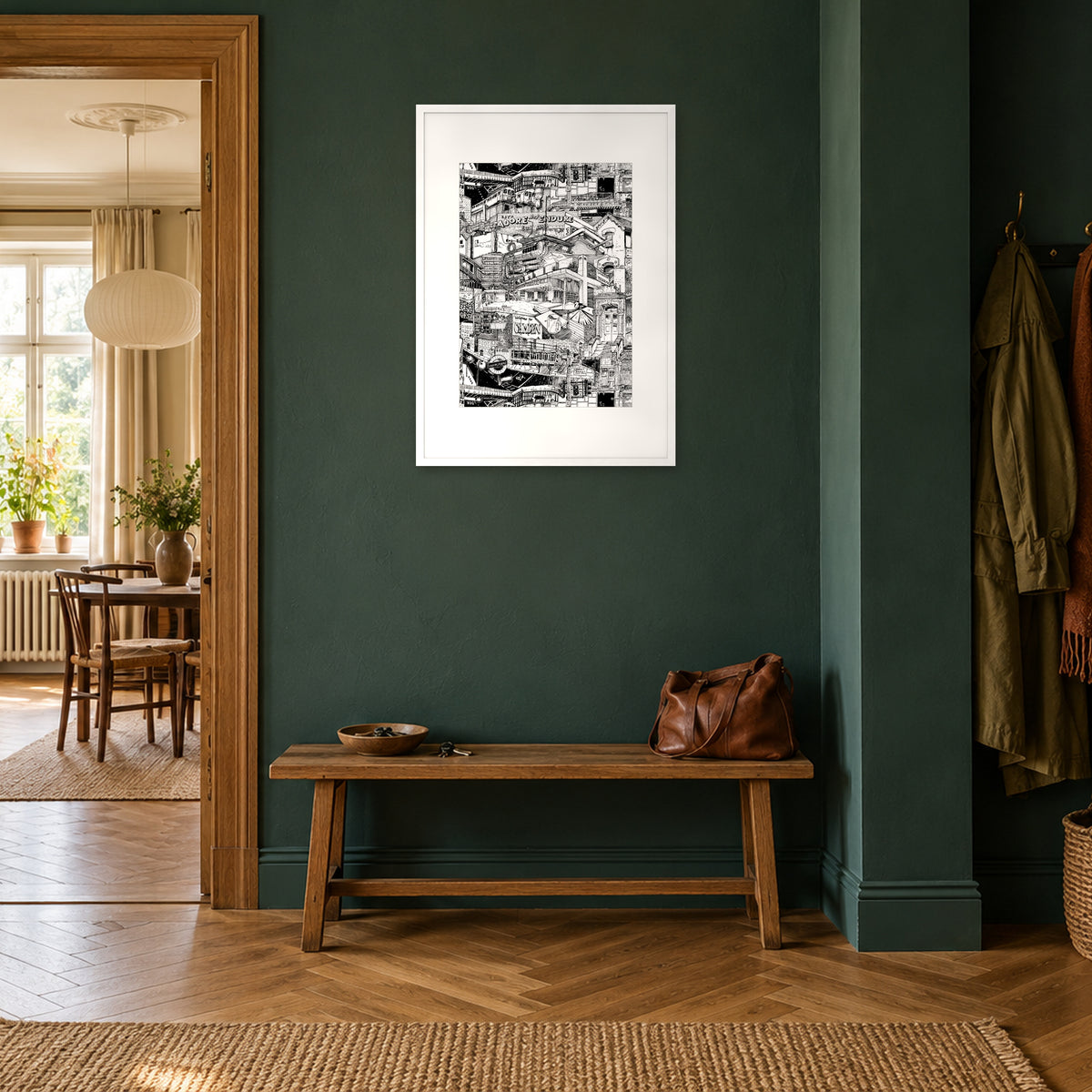 London fine art poster A1 portrait in a white wood frame with white passepartout in a petrol-green hallway above an oak bench