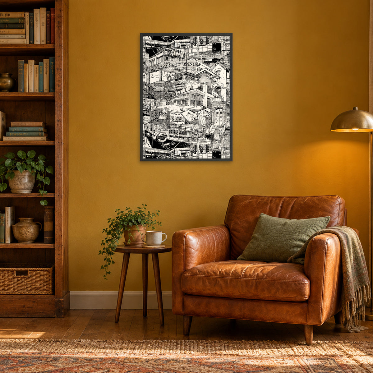 London fine art poster A1 portrait in a black wood frame above a leather armchair in a mustard-yellow reading corner