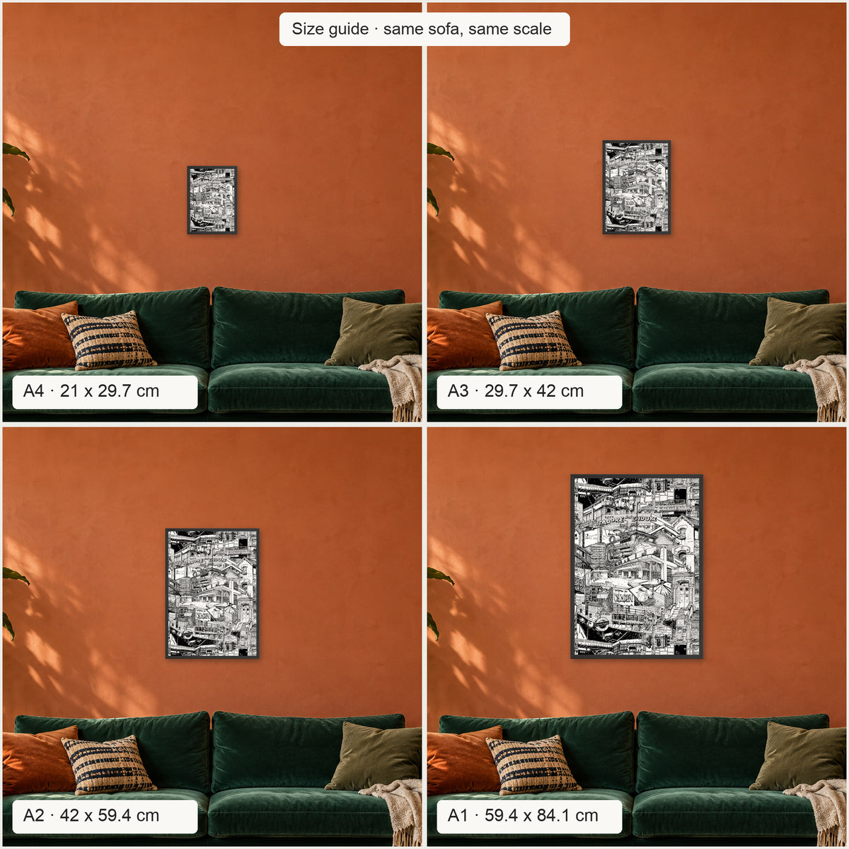 Size guide: London portrait poster in A4, A3, A2 and A1 above the same sofa, to scale